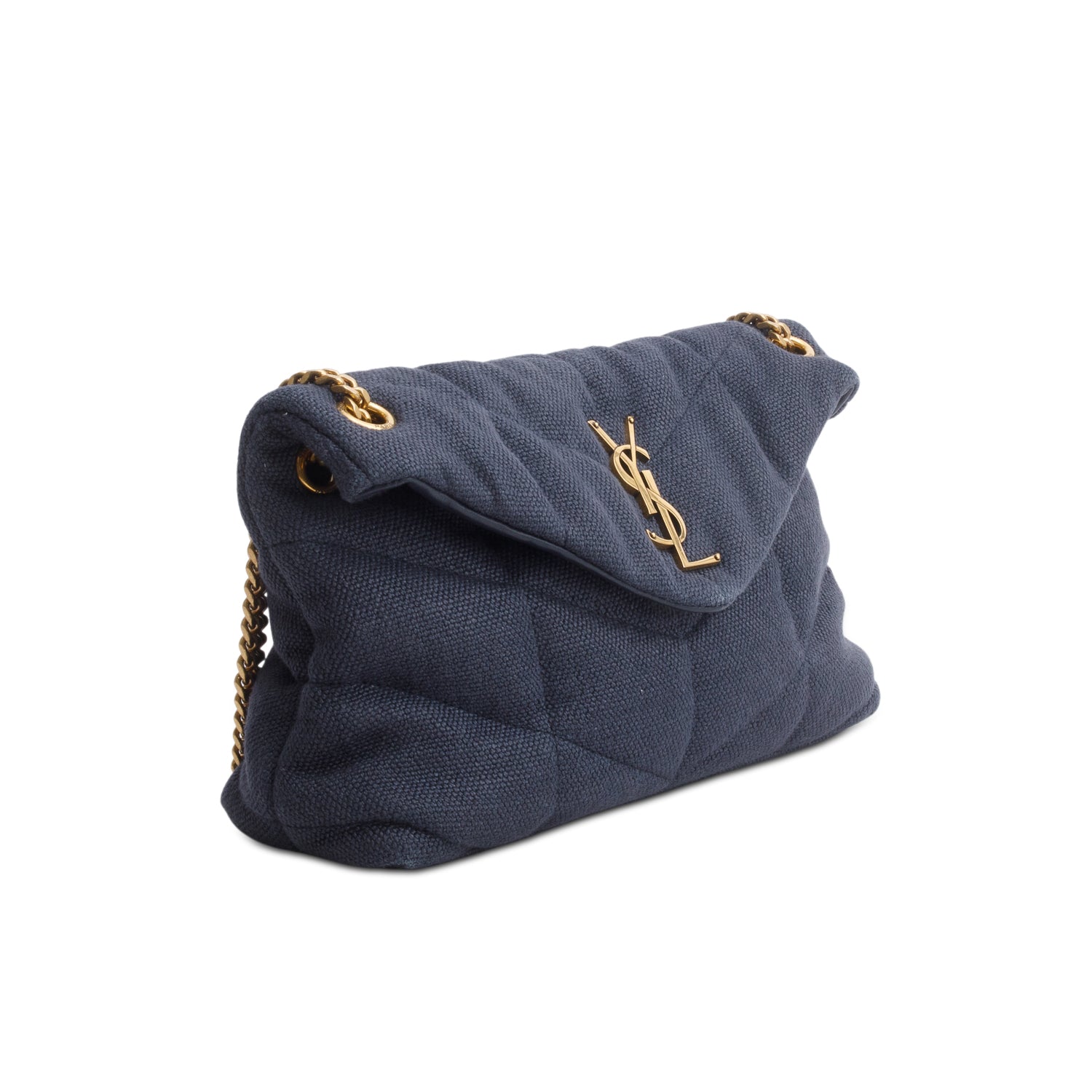 Saint Laurent 2021 Blue Linen Quilted Small Loulou Puffer Monogram Chain Satchel
