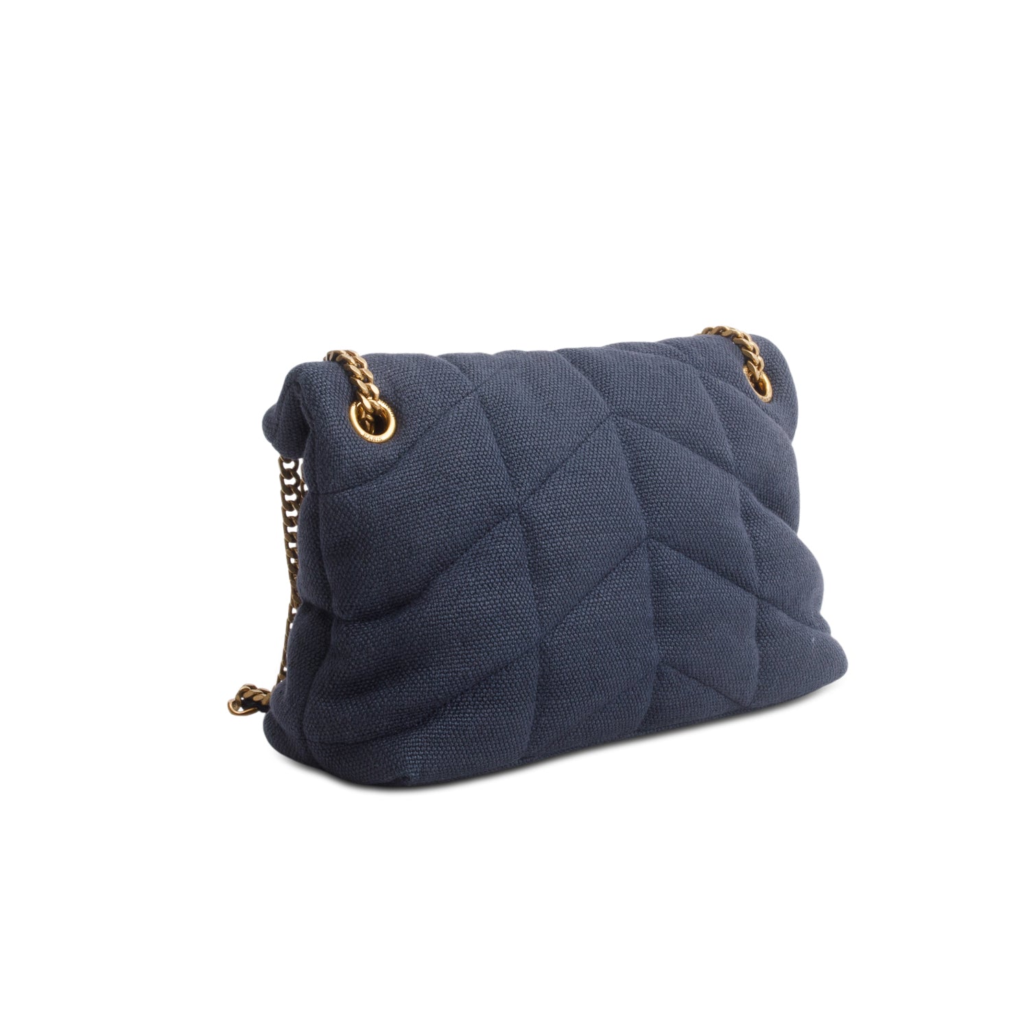Saint Laurent 2021 Blue Linen Quilted Small Loulou Puffer Monogram Chain Satchel