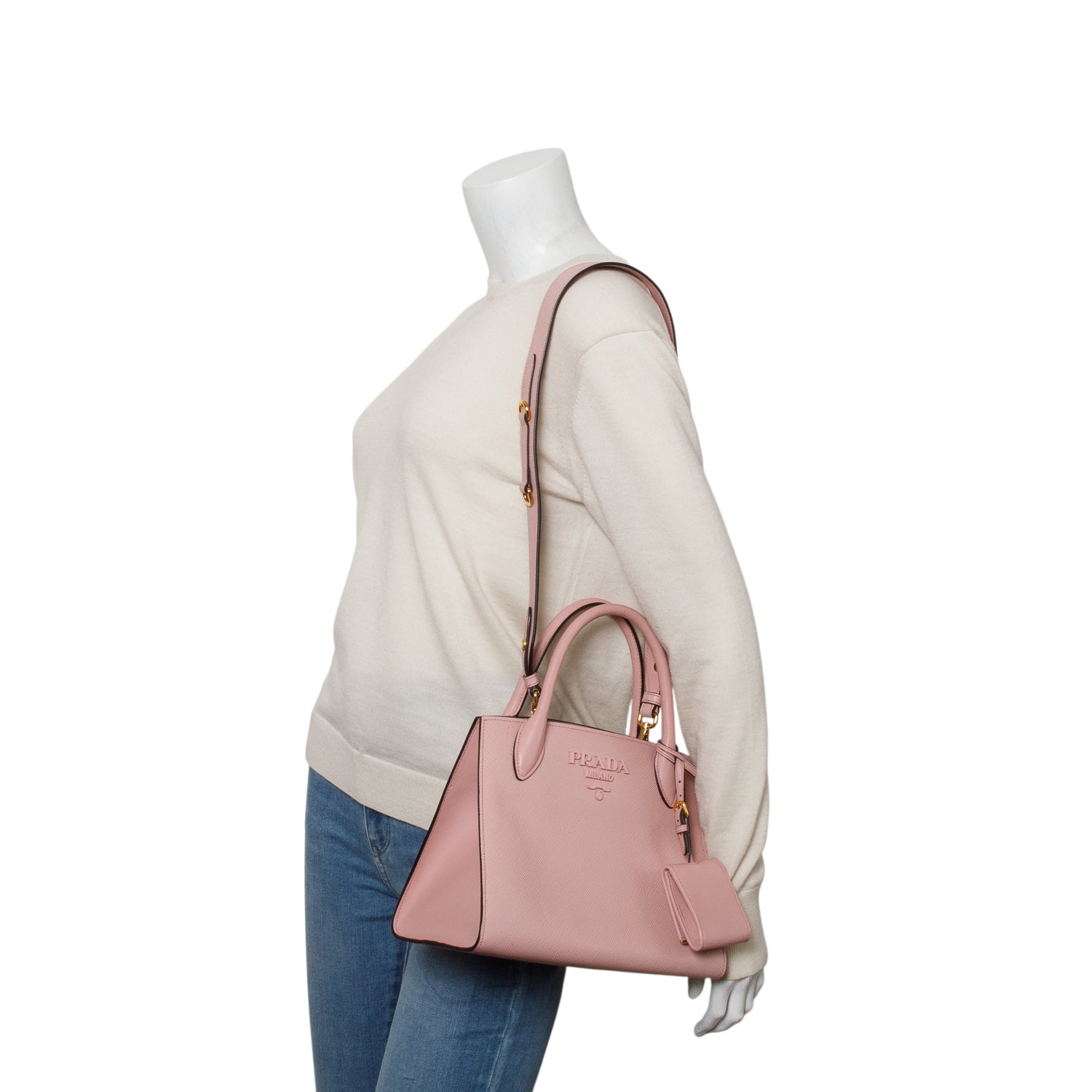 Prada Pink Saffiano Cuir Calfskin Small Monochrome Top Handle Tote w/ Authenticity Card & Strap