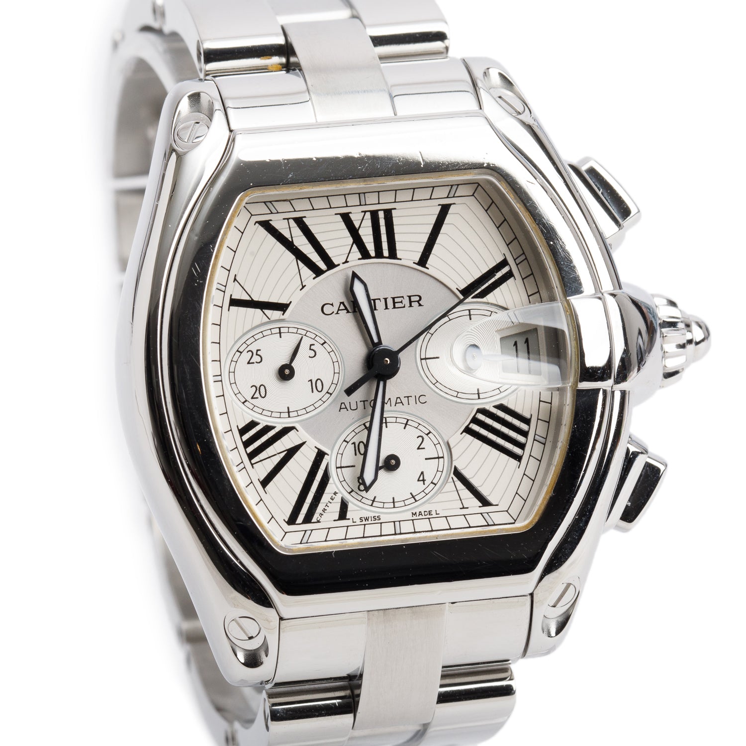 Cartier Stainless Steel Roadster XL Chronograph Automatic Watch Silver Dial 2618 w/ Box