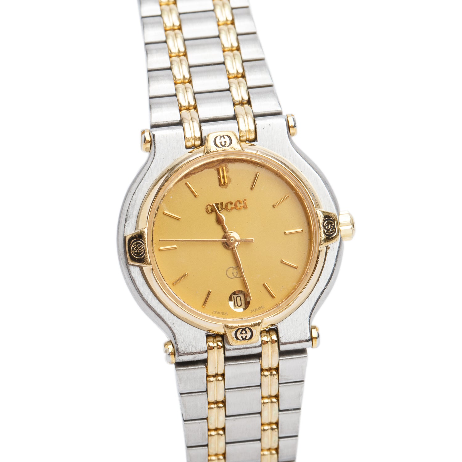Gucci Vintage Two-Tone Stainless Steel 9000L Series 25 MM Quartz Watch Gold Dial w/ Box