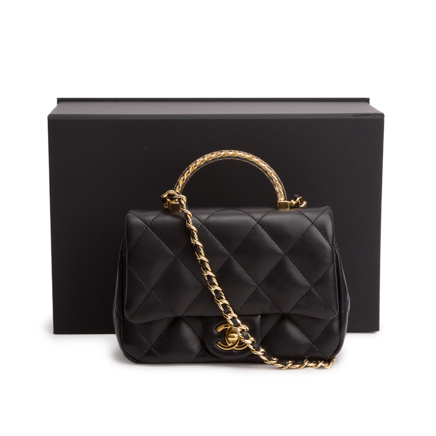 Chanel Black Lambskin Quilted Resin Top Handle Mini Flap w/ Box