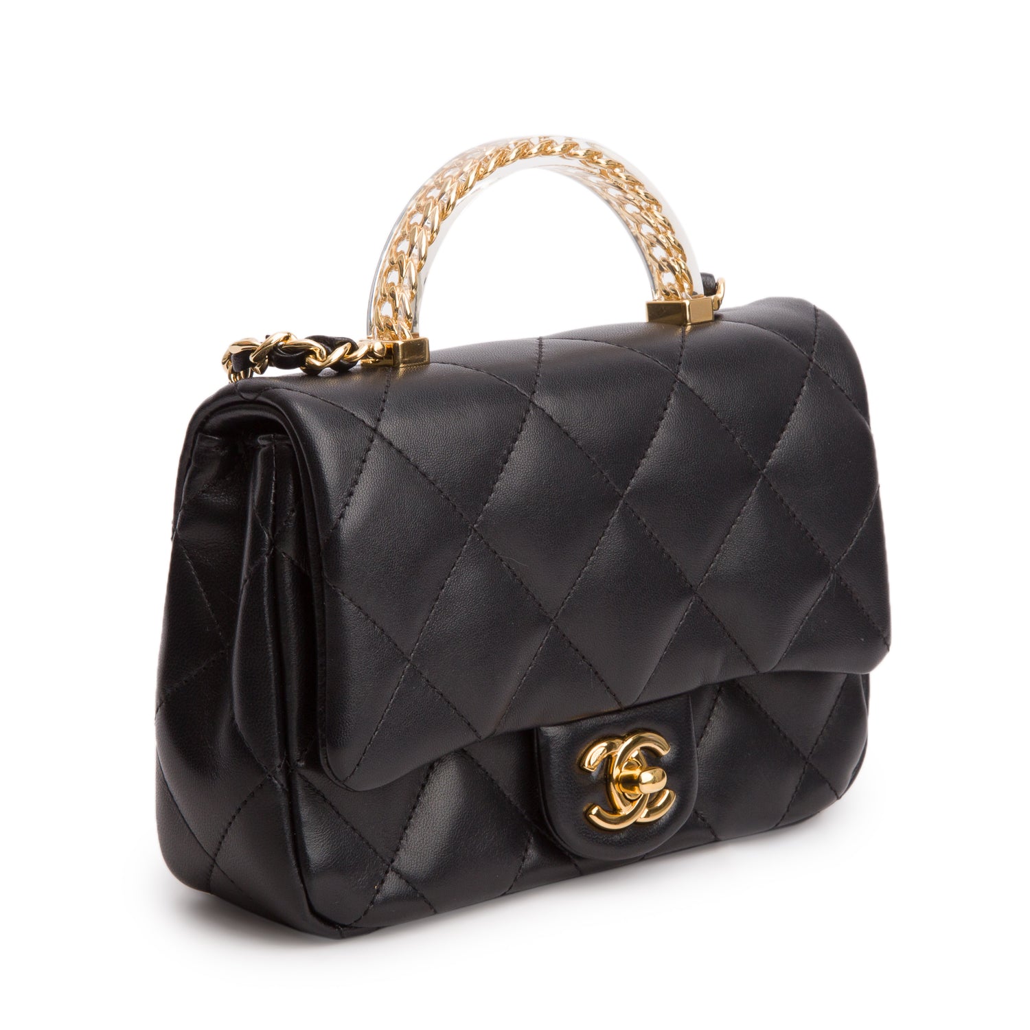 Chanel Black Lambskin Quilted Resin Top Handle Mini Flap w/ Box