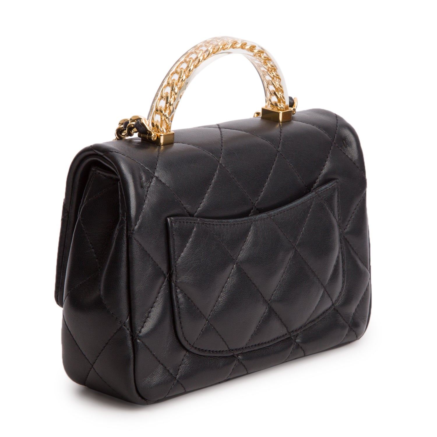 Chanel Black Lambskin Quilted Resin Top Handle Mini Flap w/ Box