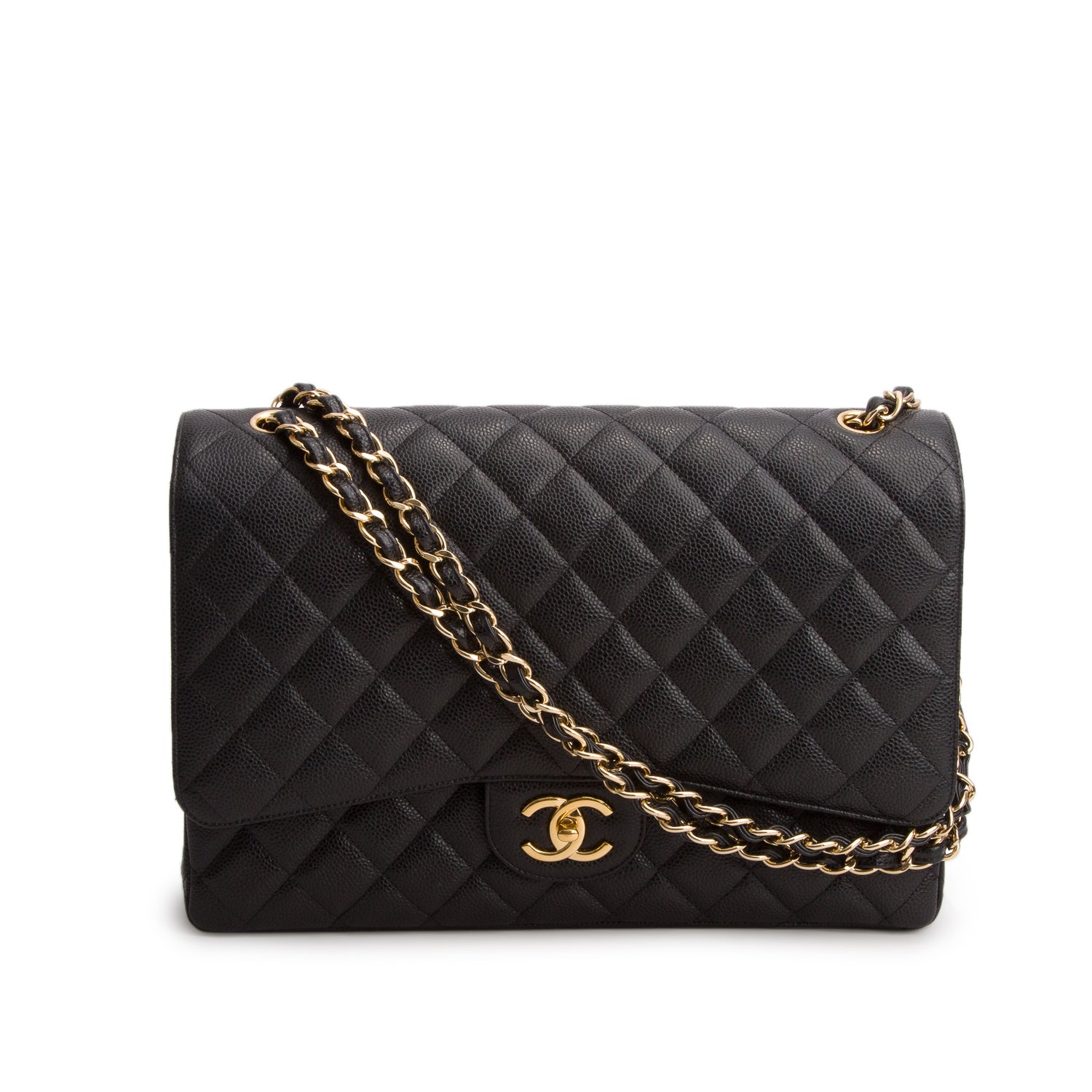 Chanel Black Quilted Caviar Leather Classic Maxi Double Flap Bag w/ Box & Authenticity Card