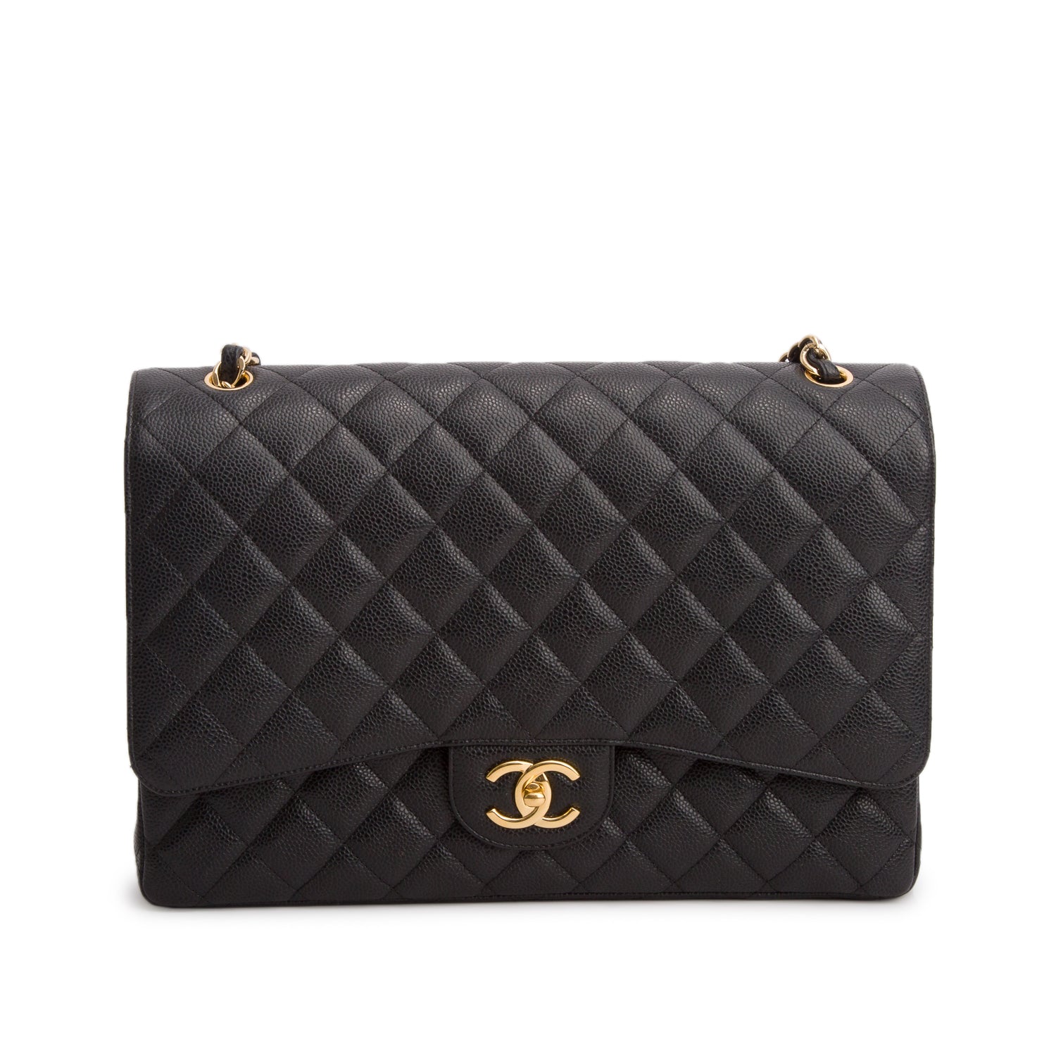 Chanel Black Quilted Caviar Leather Classic Maxi Double Flap Bag w/ Box & Authenticity Card