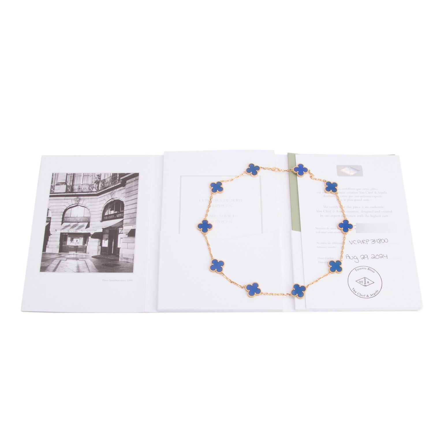 Van Cleef & Arpels 2024 18k Yellow Gold Vintage Alhambra 10 Motif Blue Agate Necklace w/ Box & Certificate