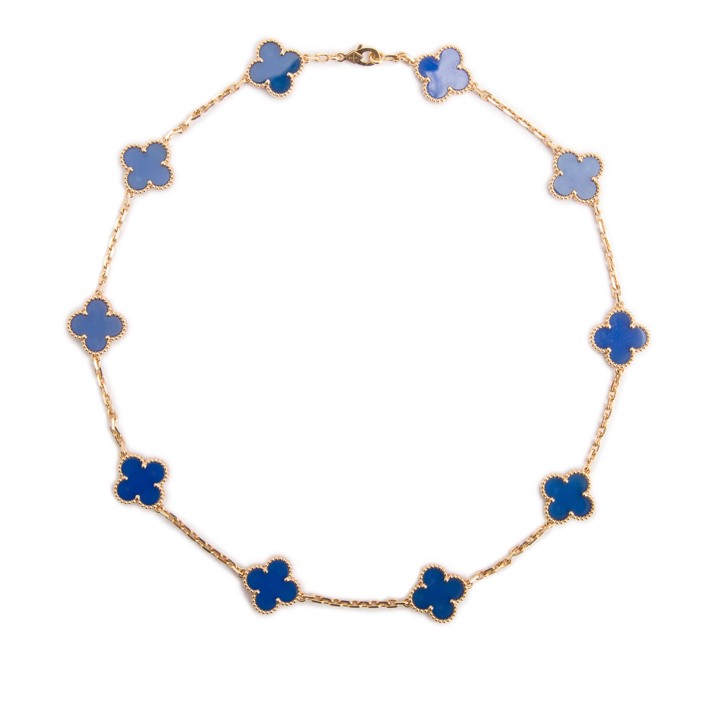 Van Cleef & Arpels 2024 18k Yellow Gold Vintage Alhambra 10 Motif Blue Agate Necklace w/ Box & Certificate
