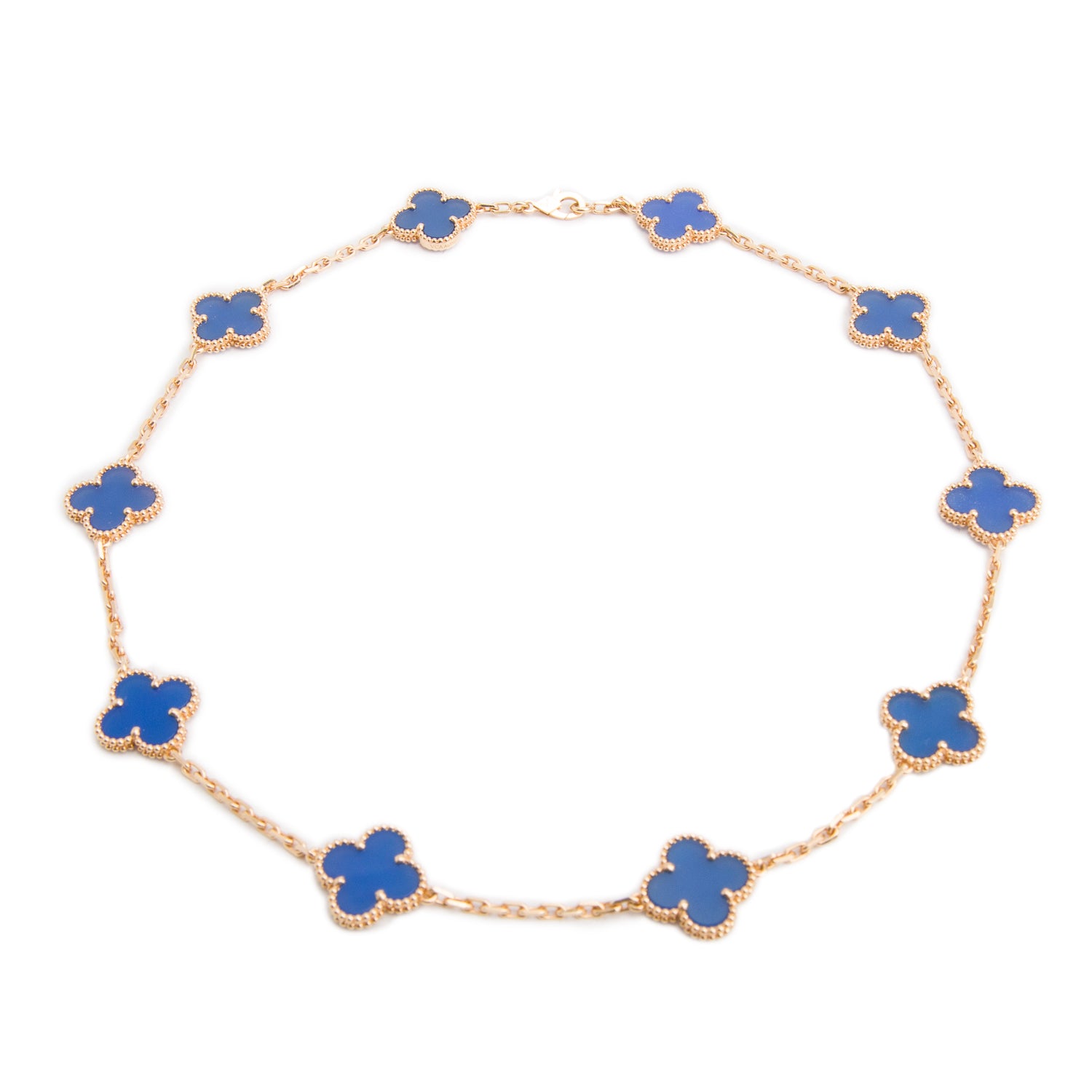 Van Cleef & Arpels 2024 18k Yellow Gold Vintage Alhambra 10 Motif Blue Agate Necklace w/ Box & Certificate