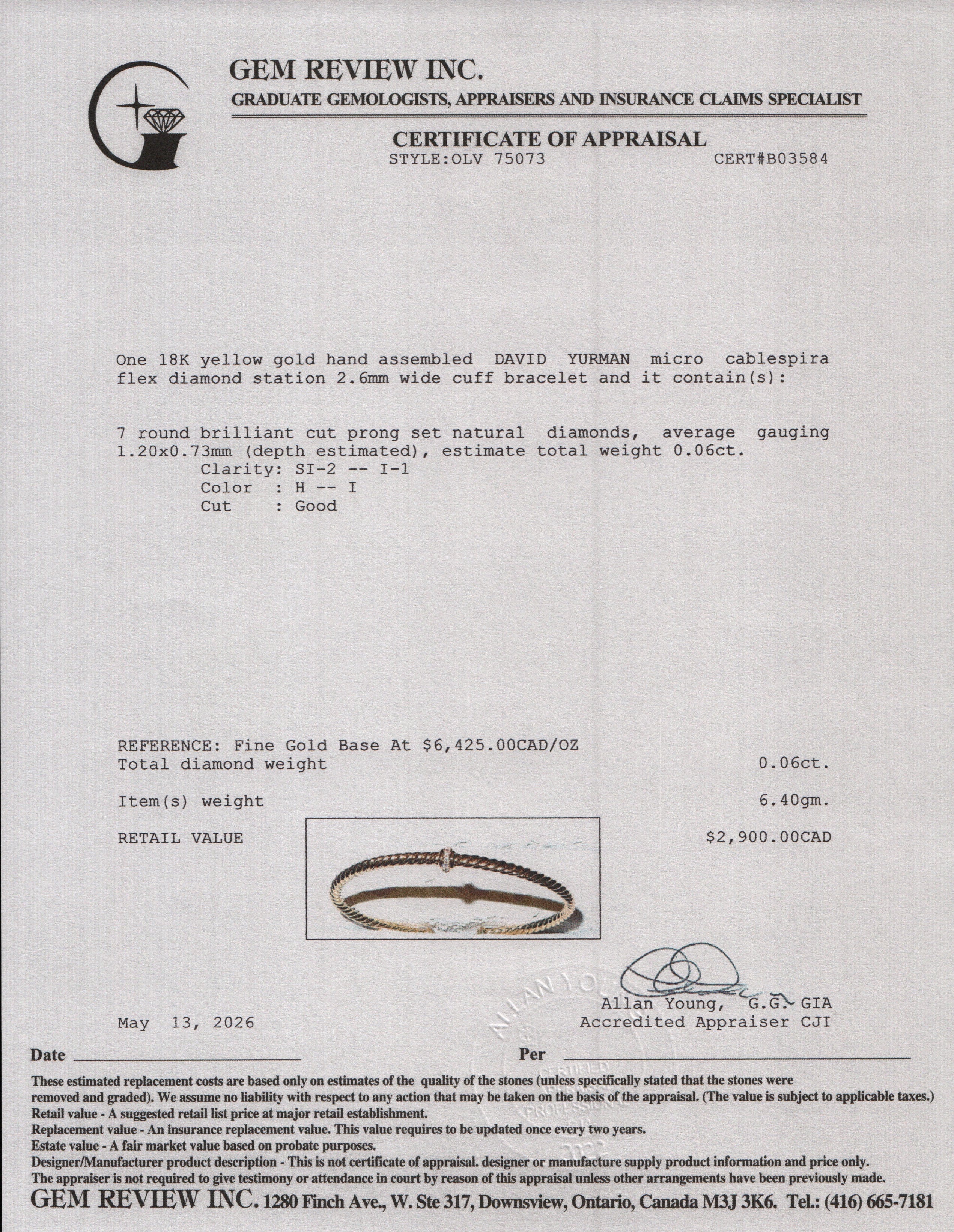 David Yurman 18k Yellow Gold Diamond Micro Cablespira Flex Centre Station 2.6 MM Bracelet w/ Box