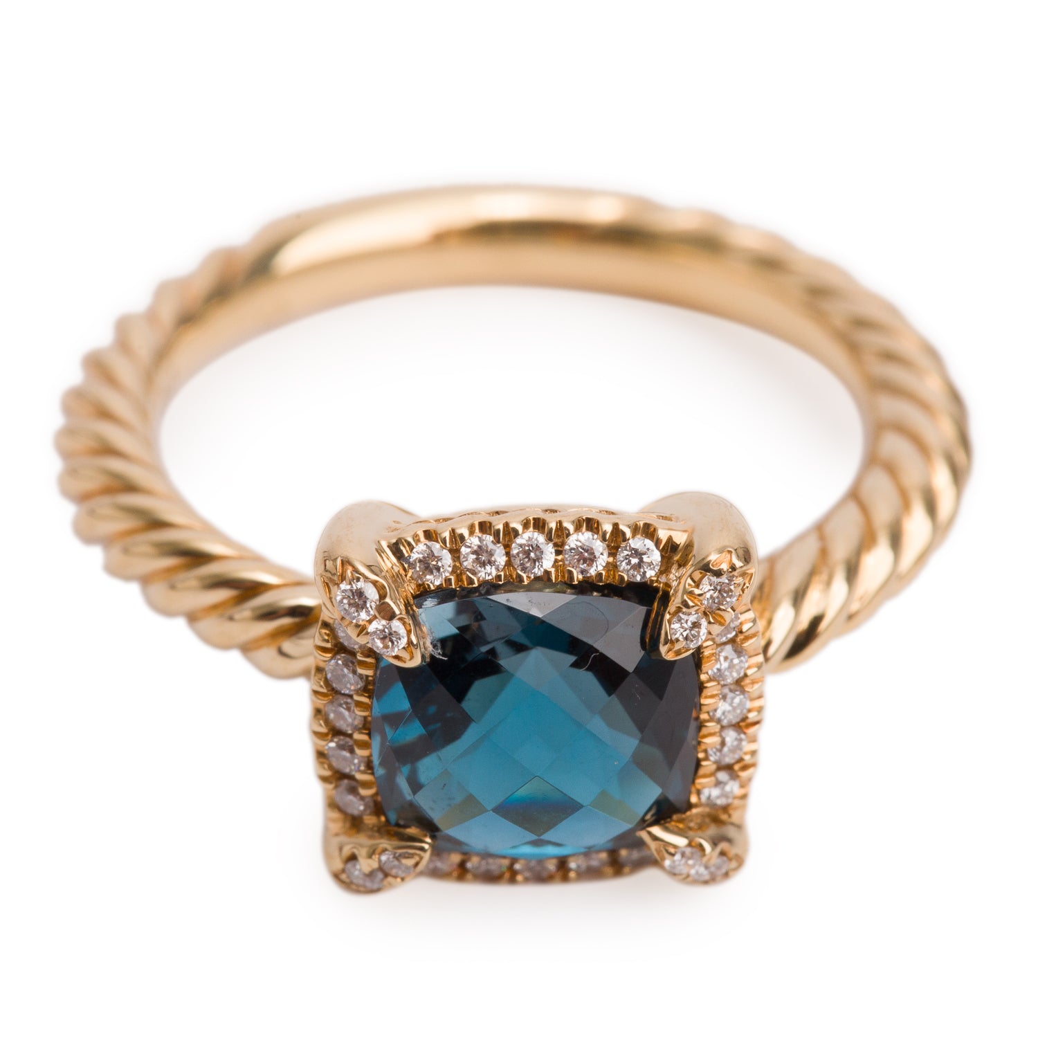 David Yurman 18k Yellow Gold 7 MM Blue Topaz & Diamond Petite Chatelaine Ring, Size 5 w/ Box