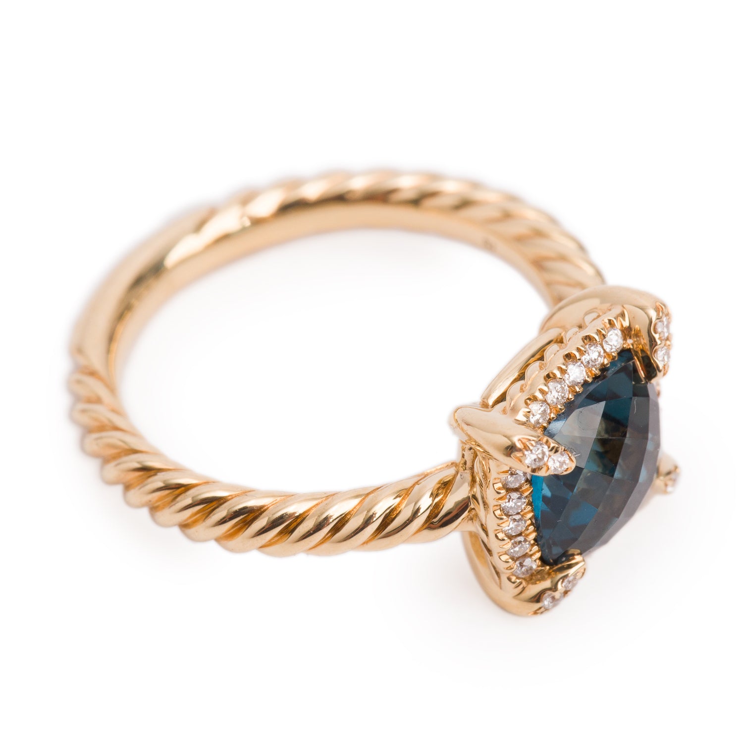 David Yurman 18k Yellow Gold 7 MM Blue Topaz & Diamond Petite Chatelaine Ring, Size 5 w/ Box