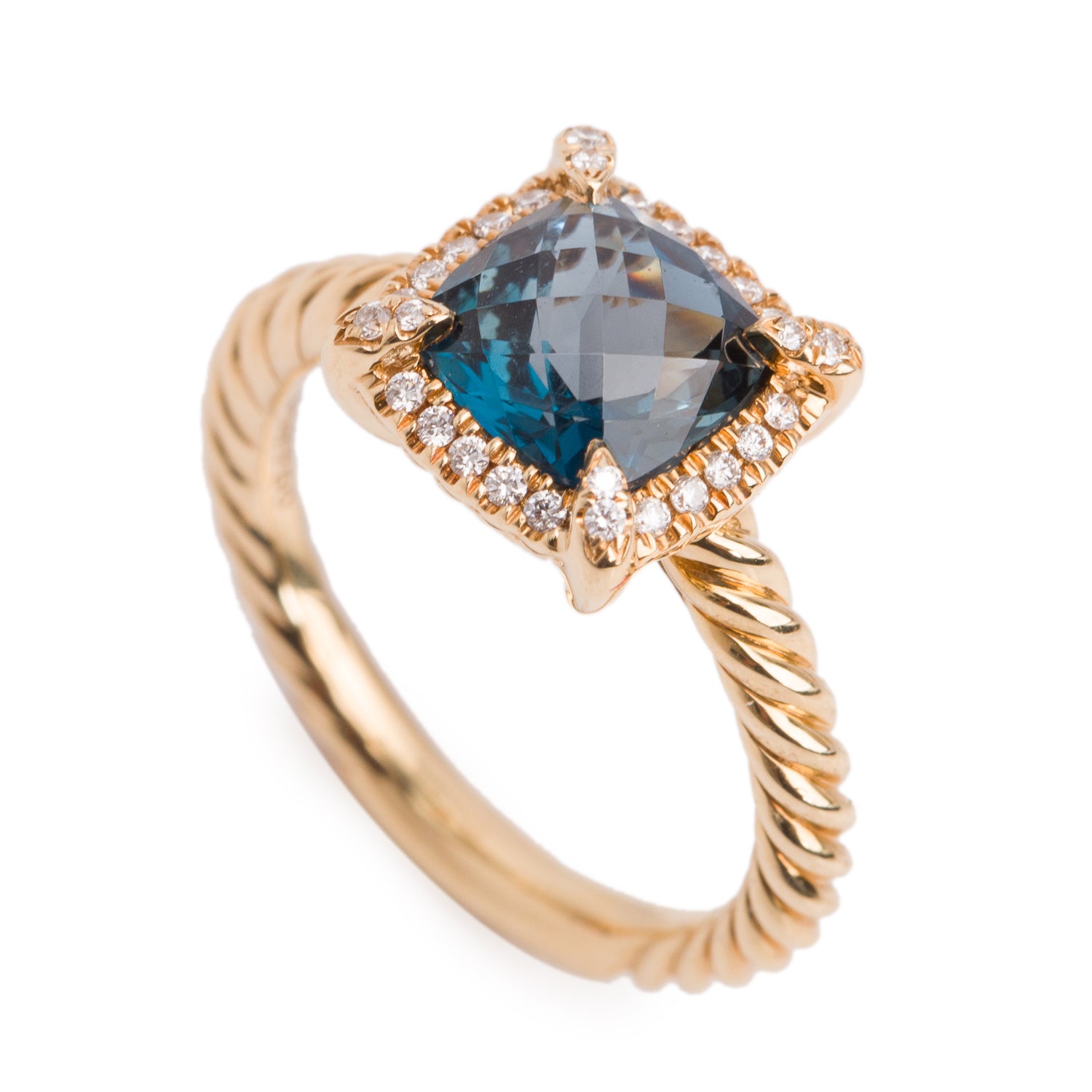 David Yurman 18k Yellow Gold 7 MM Blue Topaz & Diamond Petite Chatelaine Ring, Size 5 w/ Box