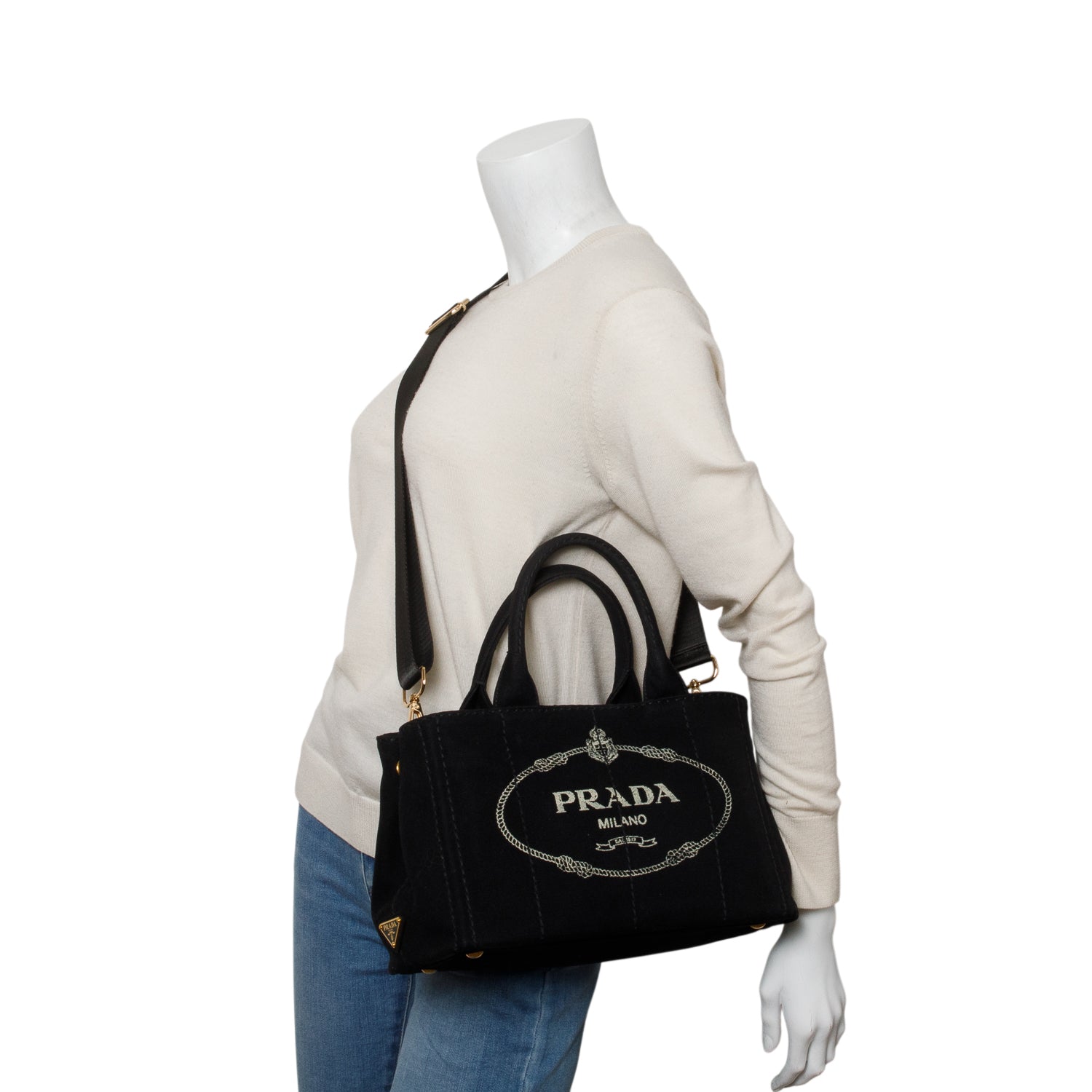 Prada Black Canvas Small Canapa Logo Tote w/ Strap & Authenticity Card