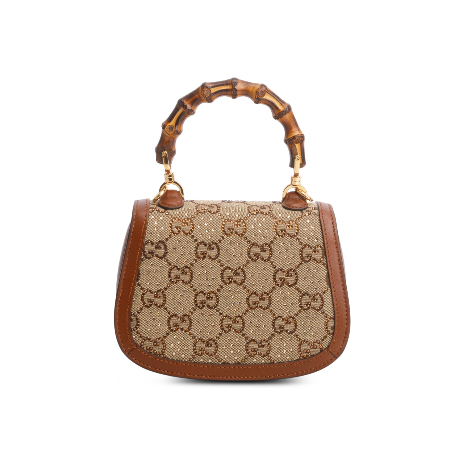 Gucci Brown New Canvas Charisma Calfskin Crystal GG Monogram Small Bamboo 1947 Top Handle Bag w/ Chain