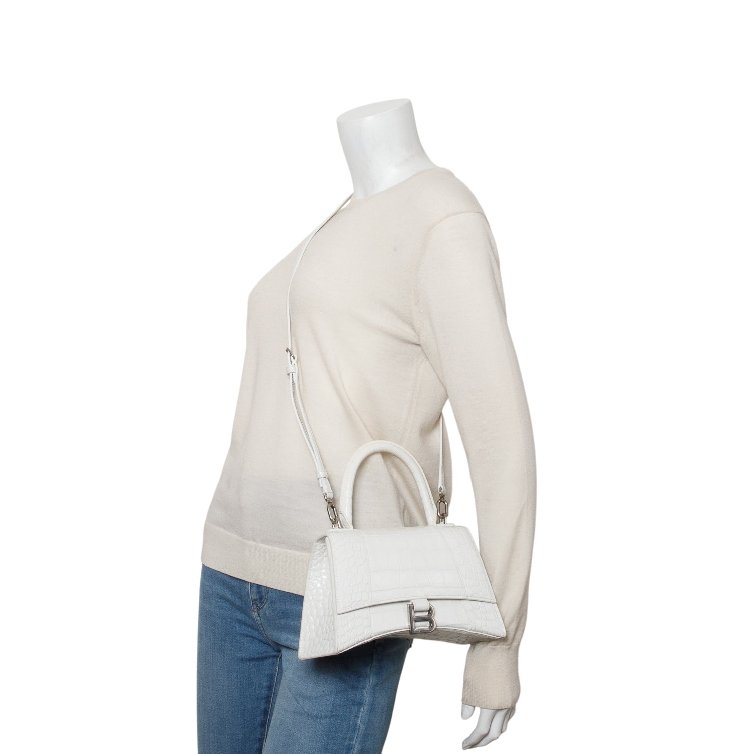 Balenciaga White Croc Embossed Leather Small Hourglass Top Handle Bag w/ Strap