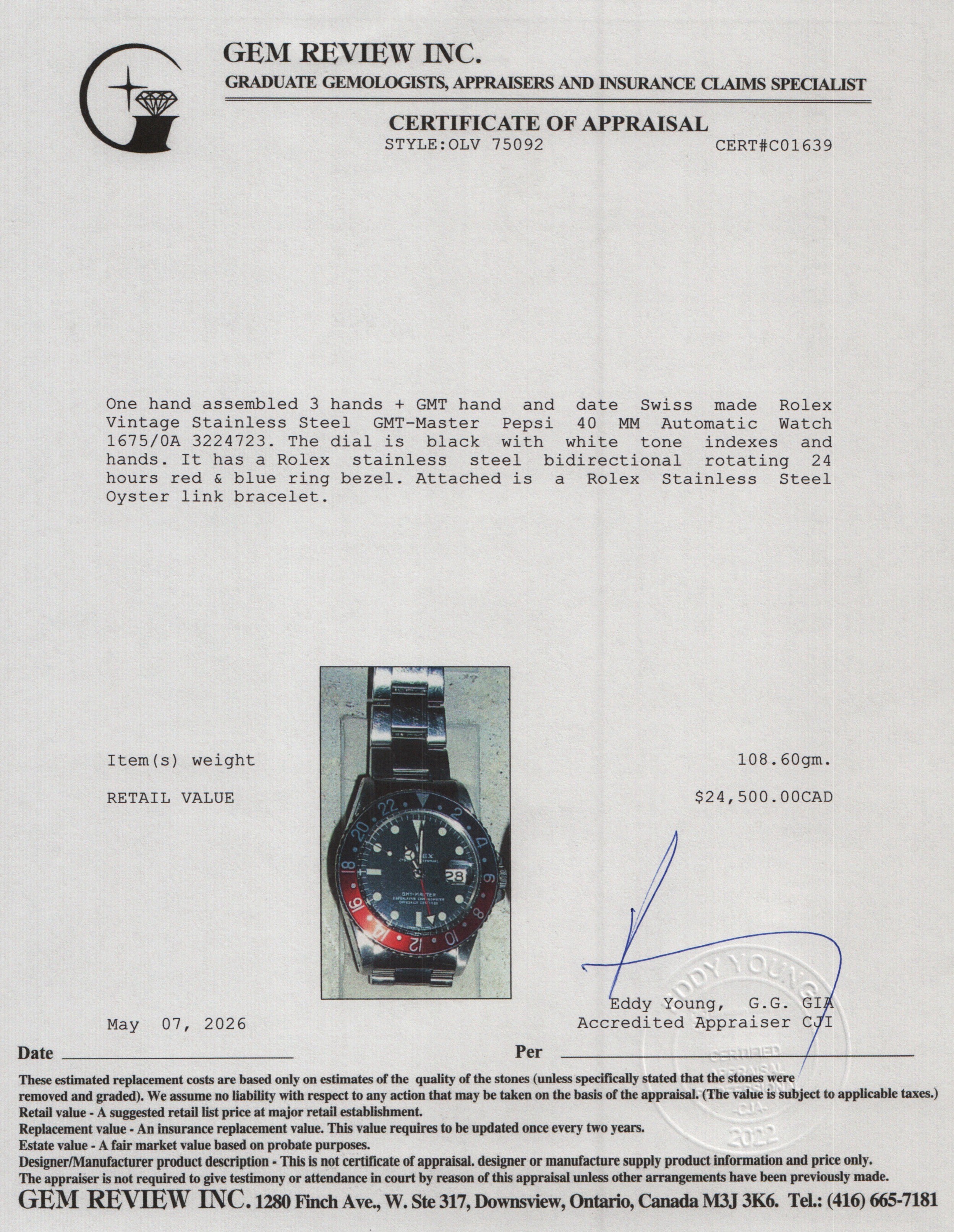 Rolex Vintage Stainless Steel GMT-Master Pepsi 40 MM Automatic Watch 1675/0A w/ Box & Papers