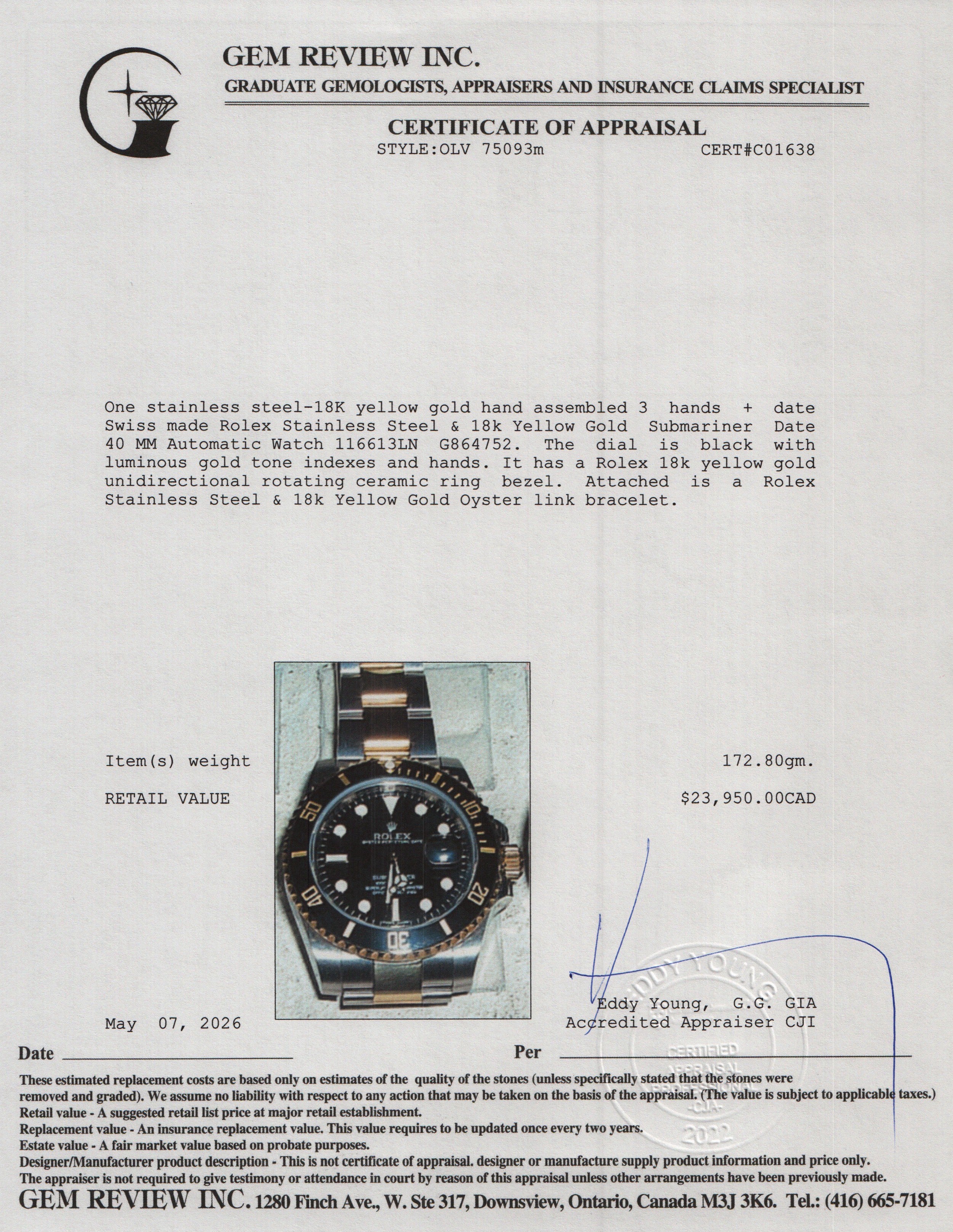 Rolex Stainless Steel & 18k Yellow Gold Submariner Date 40 MM Automatic Watch Black Dial 116613LN w/ Box