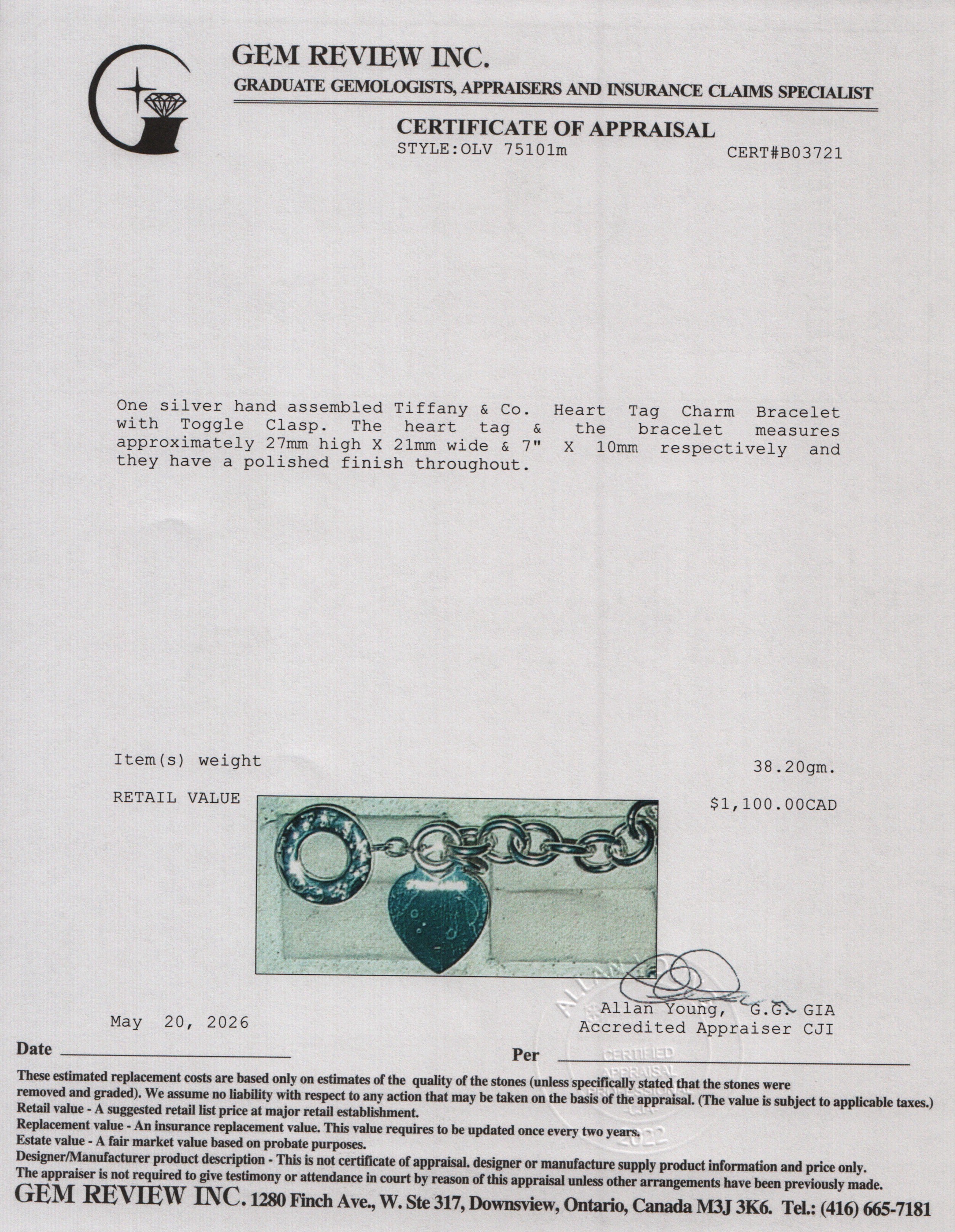 Tiffany & Co. Sterling Silver Heart Tag Charm Bracelet with Toggle Clasp