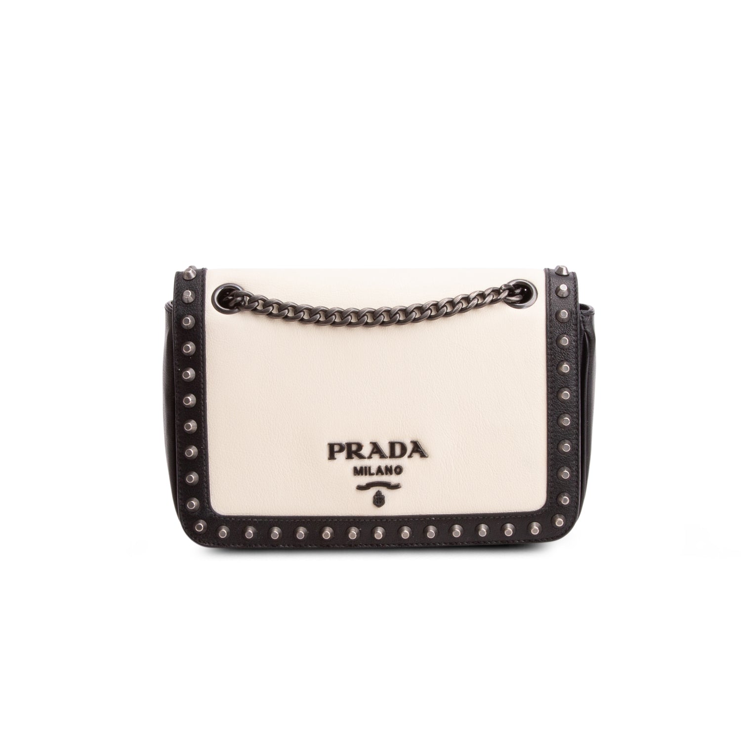 Prada Black/White Glace Calf Leather Studded Camera Crossbody Bag