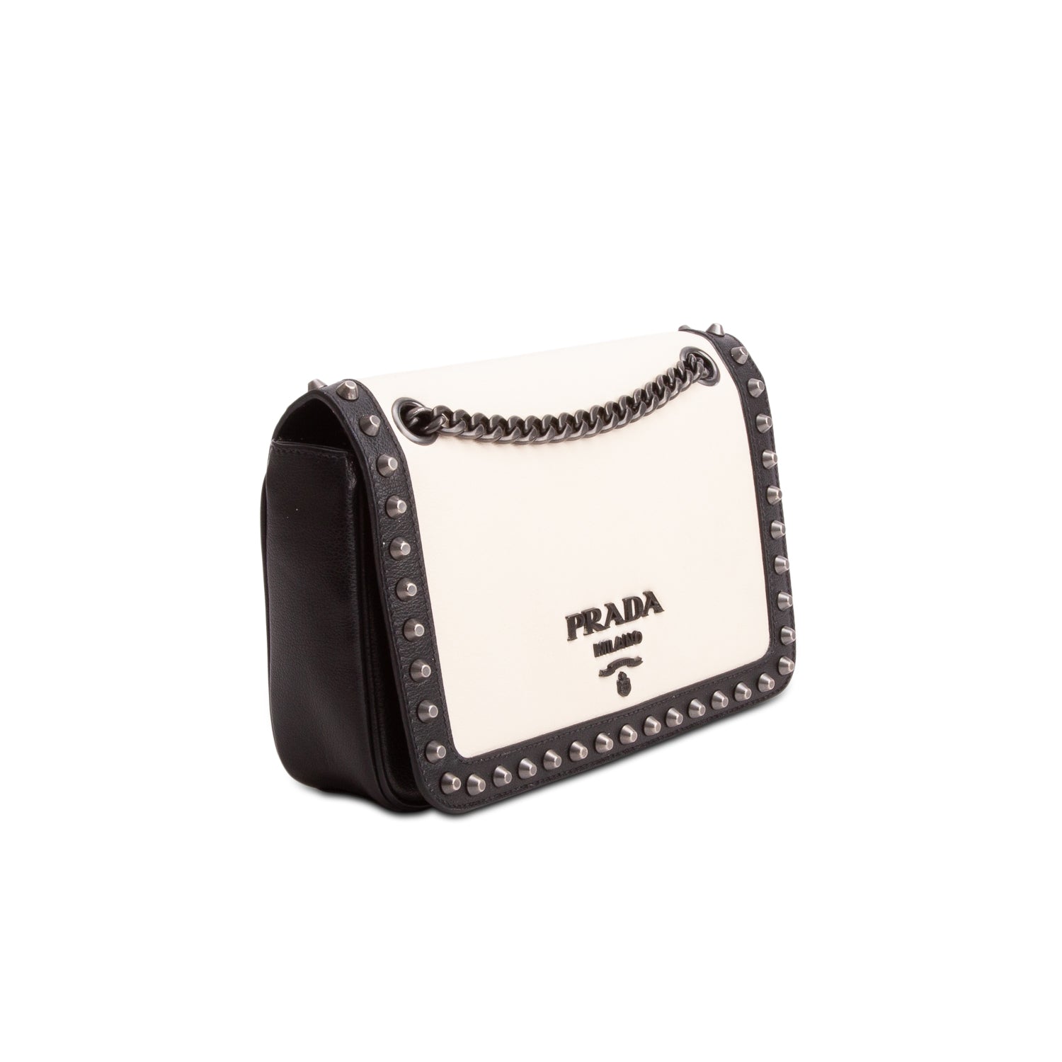 Prada Black/White Glace Calf Leather Studded Camera Crossbody Bag