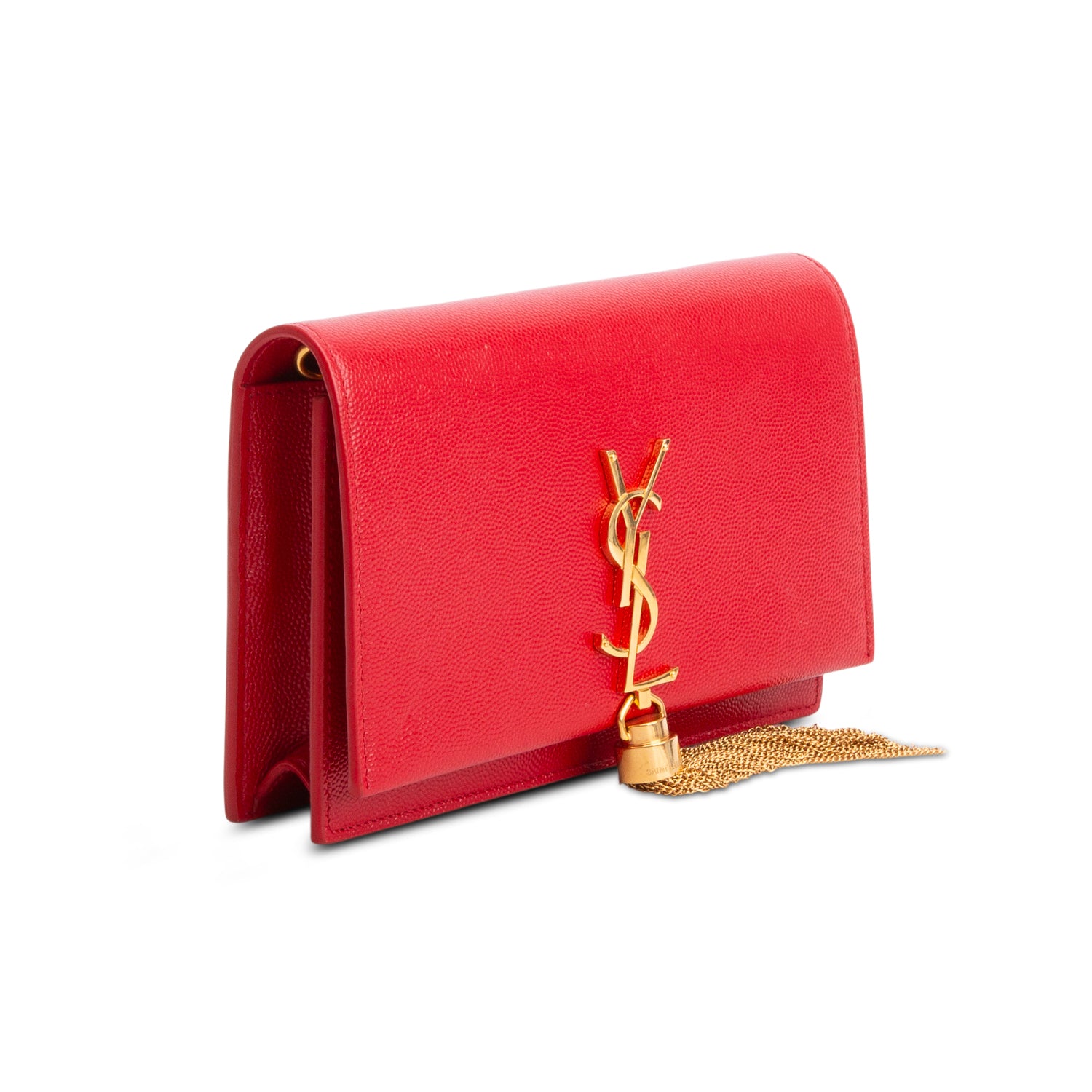 Saint Laurent Red Grain De Poudre Classic Monogram Kate Tassel Chain Wallet