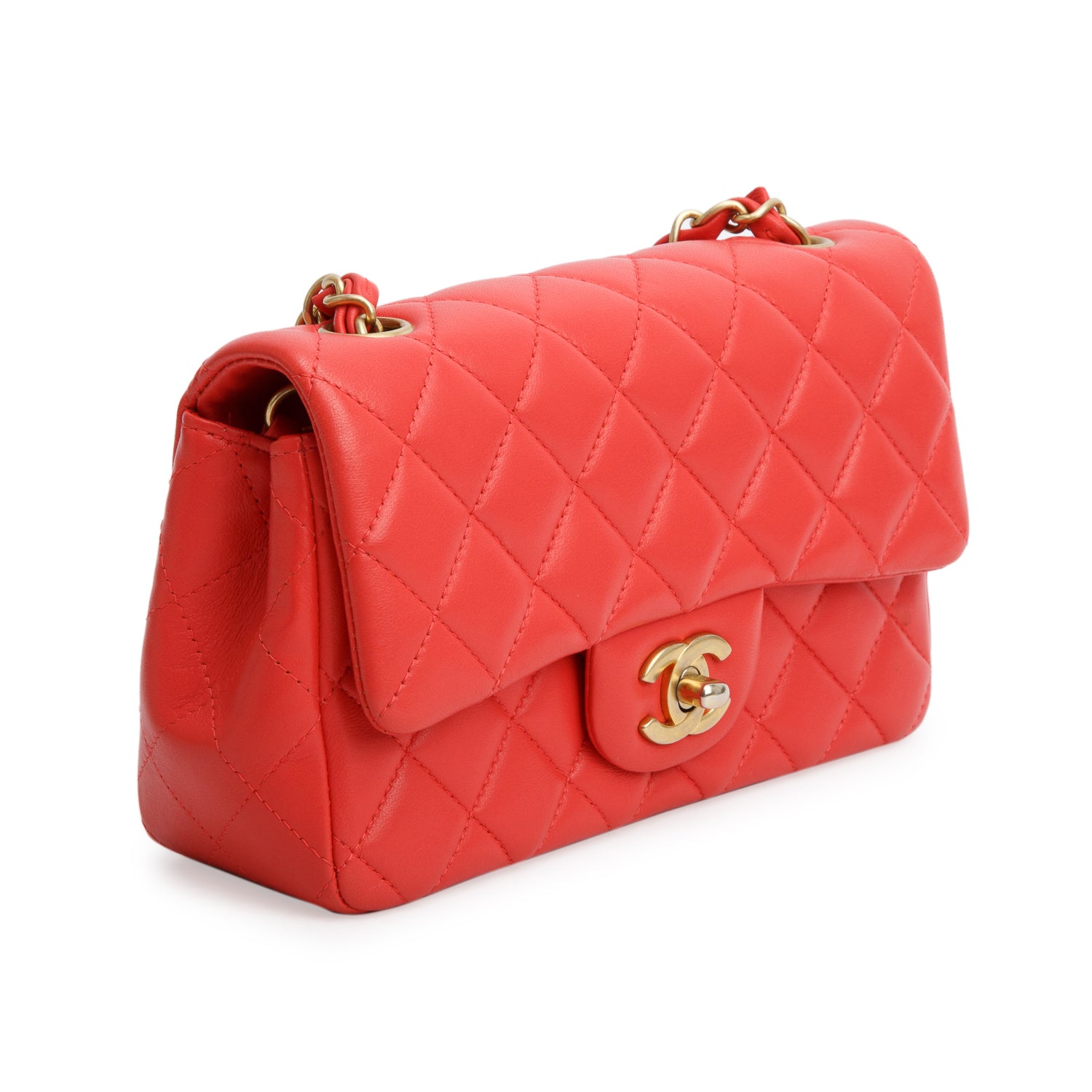 Chanel Red Lambskin Quilted Mini Rectangular Flap Bag