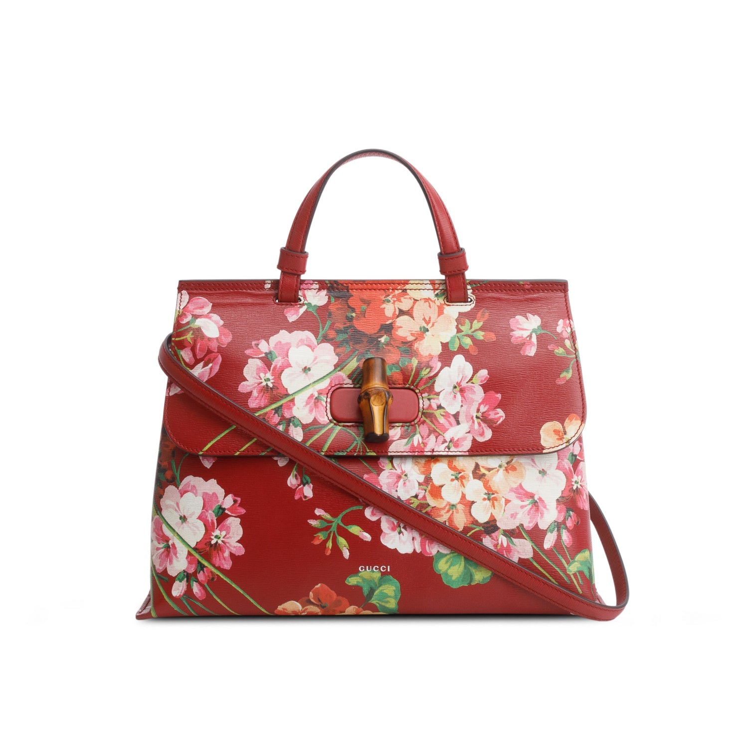 Gucci Red Shangai Calfskin Blooms Print Medium Bamboo Daily Top Handle Bag Romantic w/ Strap