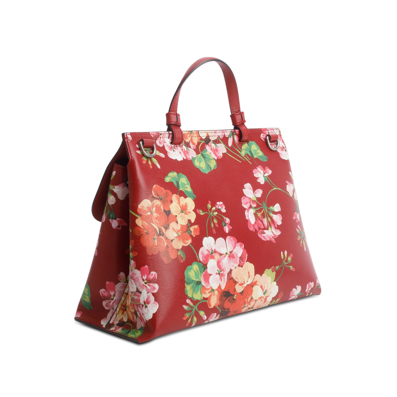 Gucci Red Shangai Calfskin Blooms Print Medium Bamboo Daily Top Handle Bag Romantic w/ Strap