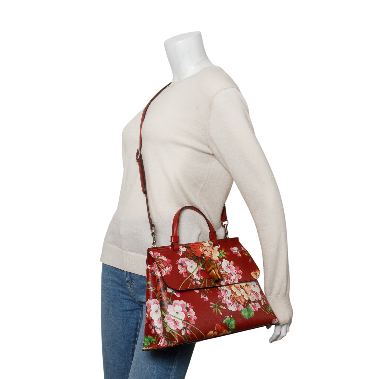 Gucci Red Shangai Calfskin Blooms Print Medium Bamboo Daily Top Handle Bag Romantic w/ Strap