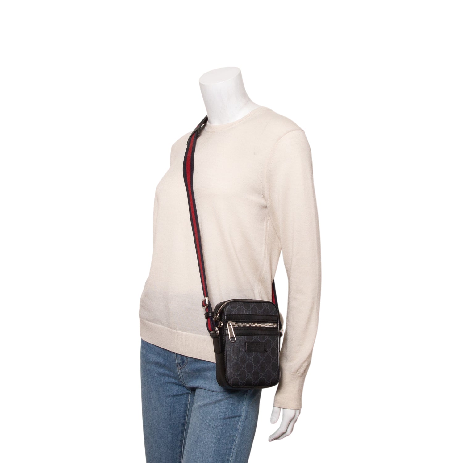 Gucci Black GG Supreme Monogram Appia Calfskin Web Small Camera Messenger Bag