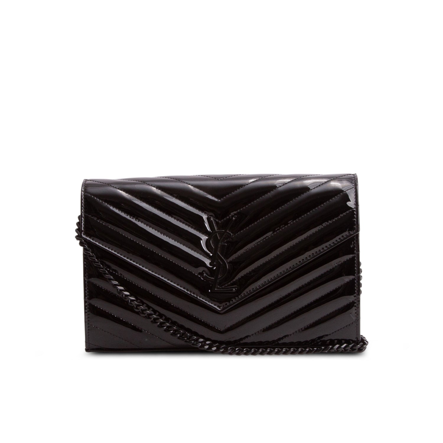 Saint Laurent 2020 Black Patent Leather Cassandre Envelope Chain Wallet w/ Box