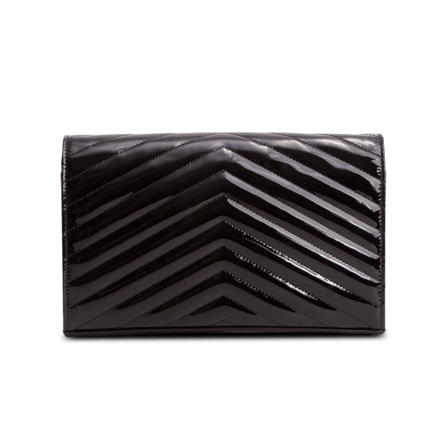Saint Laurent 2020 Black Patent Leather Cassandre Envelope Chain Wallet w/ Box