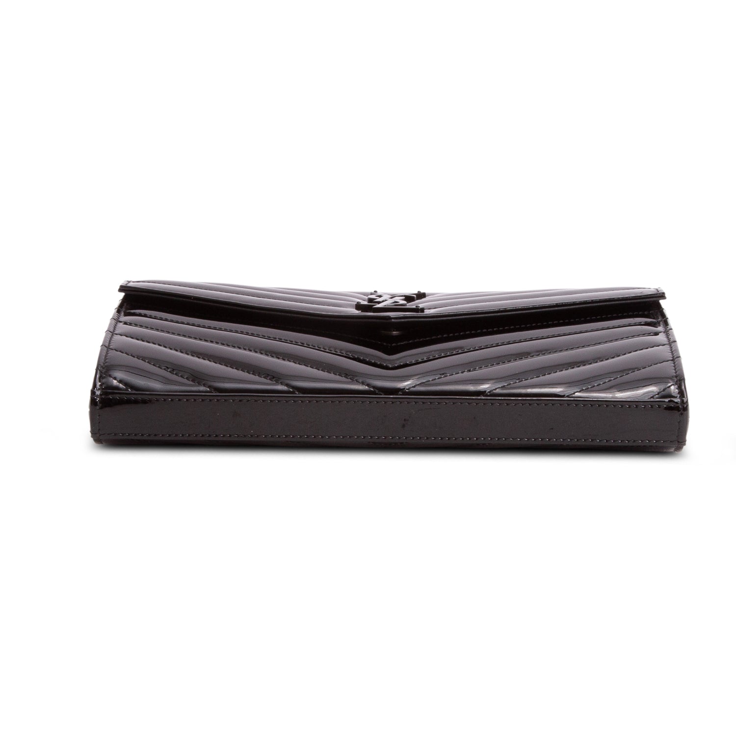 Saint Laurent 2020 Black Patent Leather Cassandre Envelope Chain Wallet w/ Box