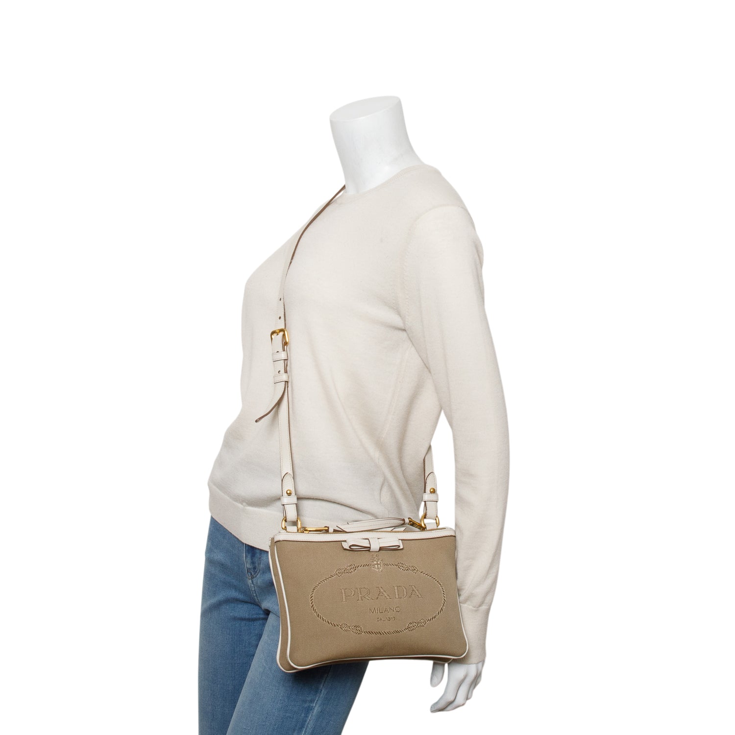 Prada Beige Jacquard Logo Flat Crossbody Bag