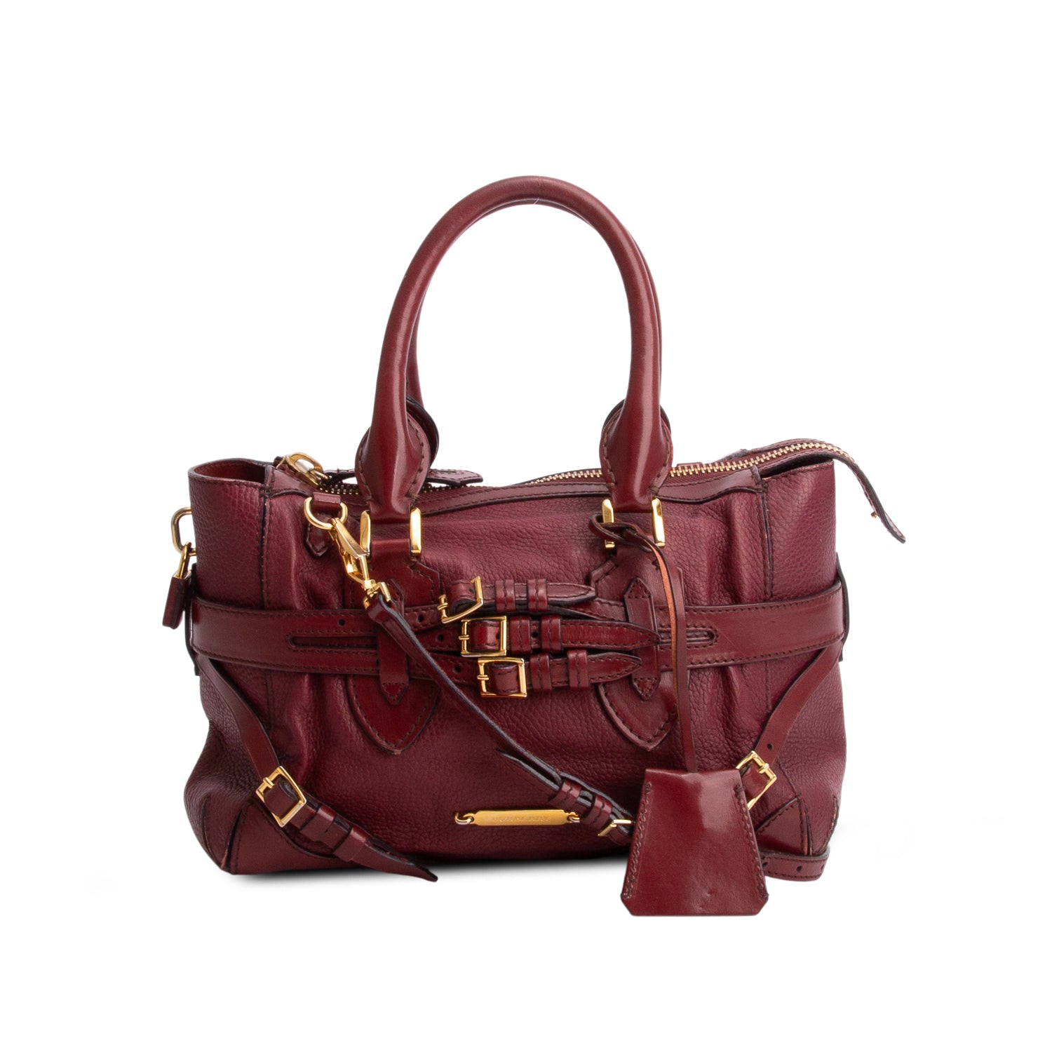 Burberry Burgundy Grained Calfskin Medium Bridle Lynher Tote w/ Strap