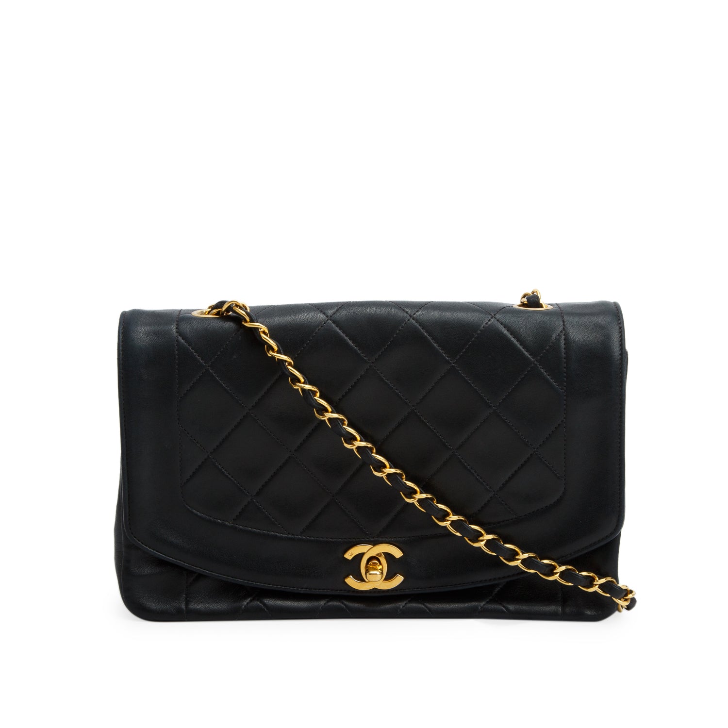 Chanel Vintage Black Lambskin Quilted Medium Diana Flap w/ Authenticity Card