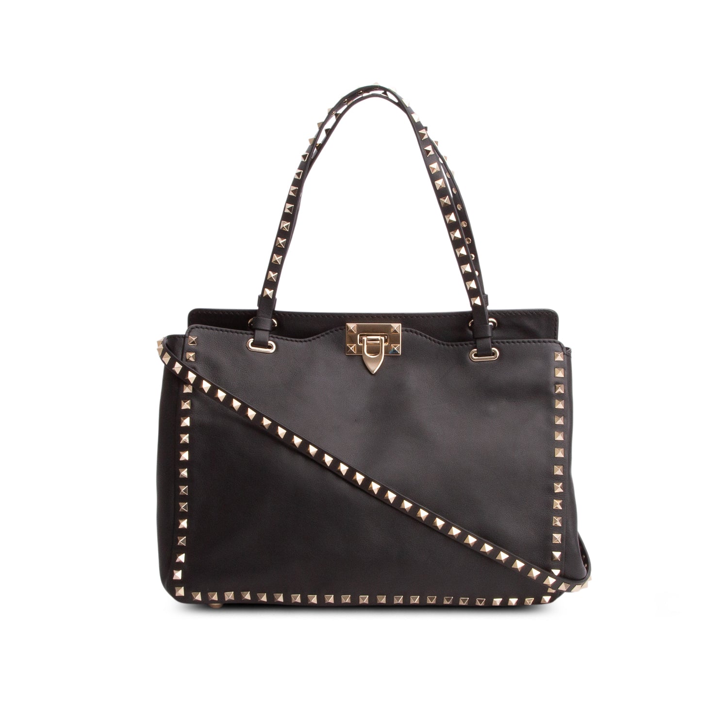 Valentino Black Vitello Medium Rockstud Tote w/ Strap