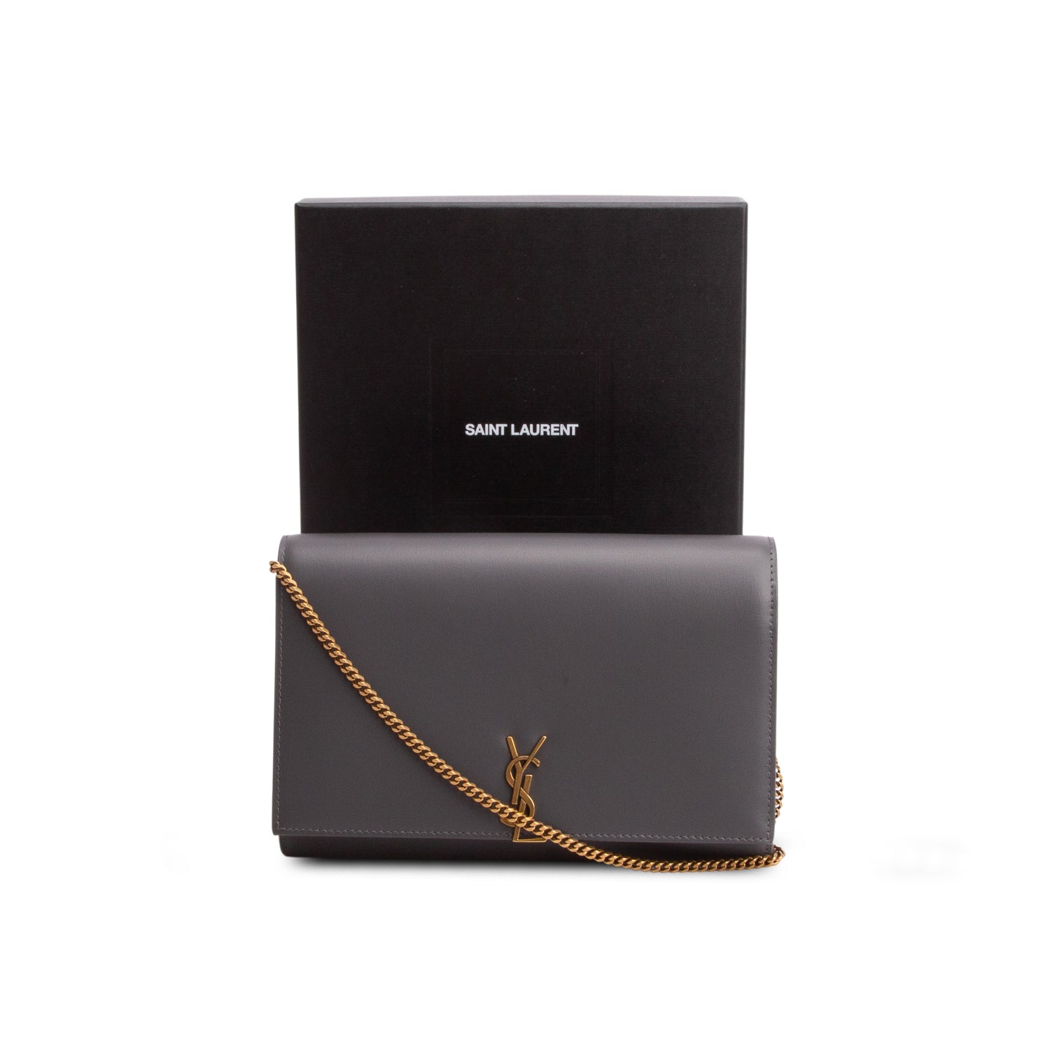 Saint Laurent 2022 Grey Calfskin Leather Cassandre Clutch on Chain w/ Box