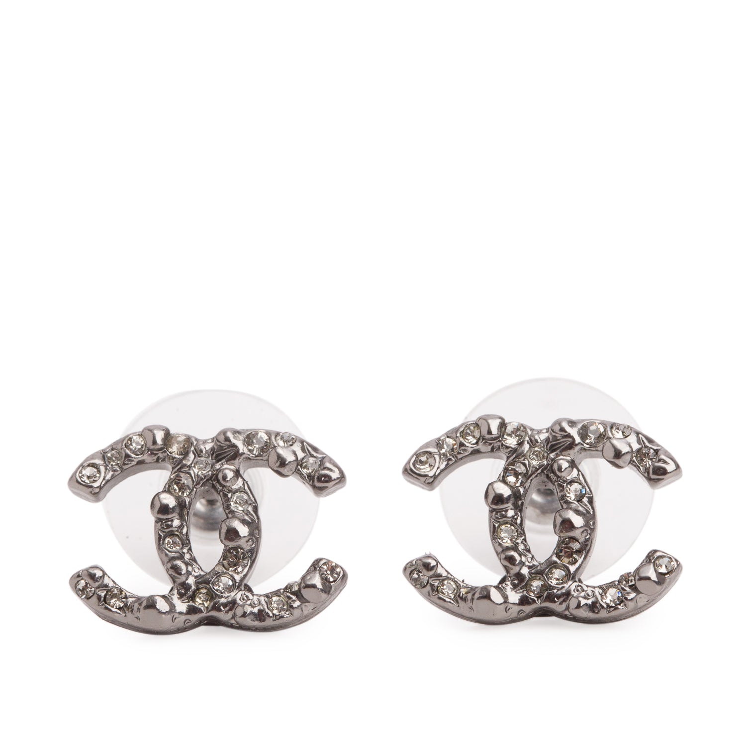 Chanel Ruthenium Plated Strass CC Stud Earrings w/ Box