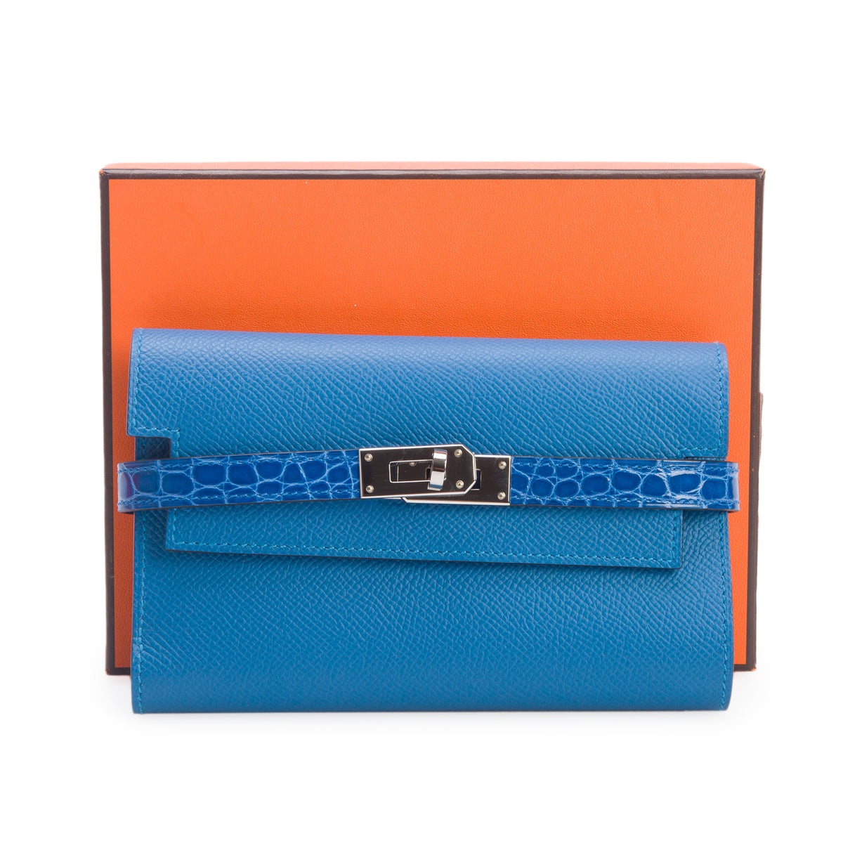 Hermes 2021 Mykonos/Bleu Zellige Epsom Leather Alligator Kelly Depliant Medium Touch Trifold Wallet w/ Box