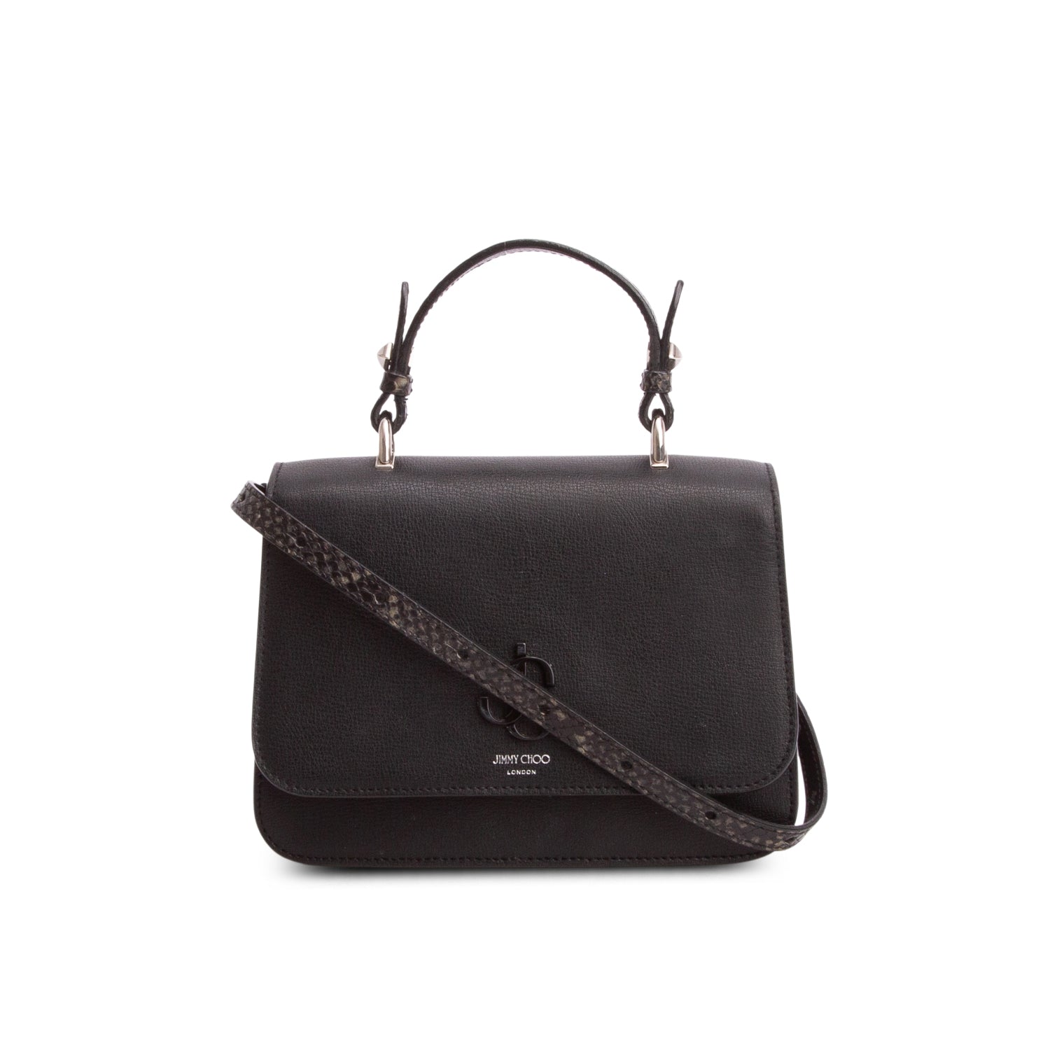 Jimmy Choo Black Leather Python Trim JC Top Handle Flap Crossbody