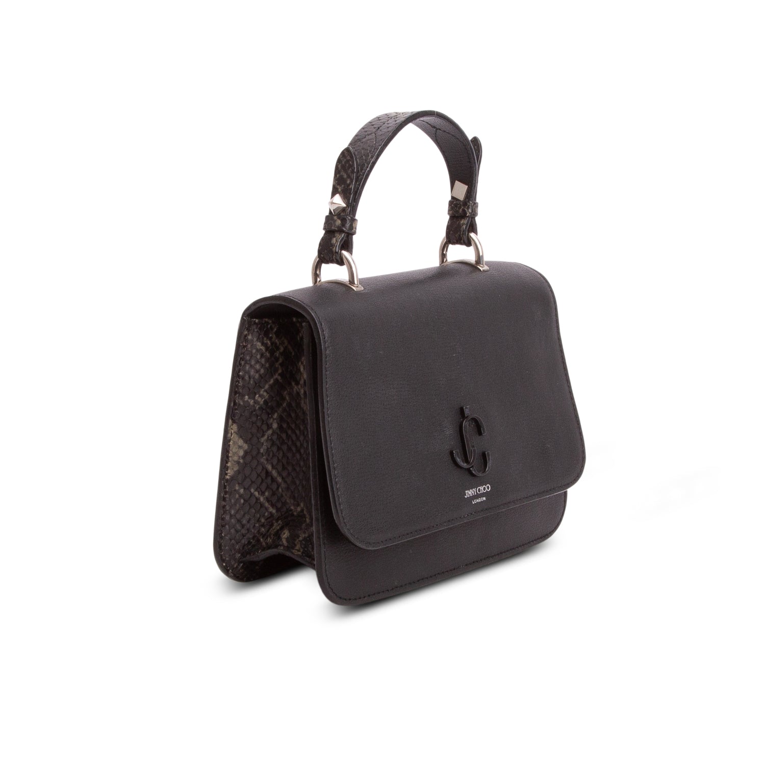 Jimmy Choo Black Leather Python Trim JC Top Handle Flap Crossbody Bag