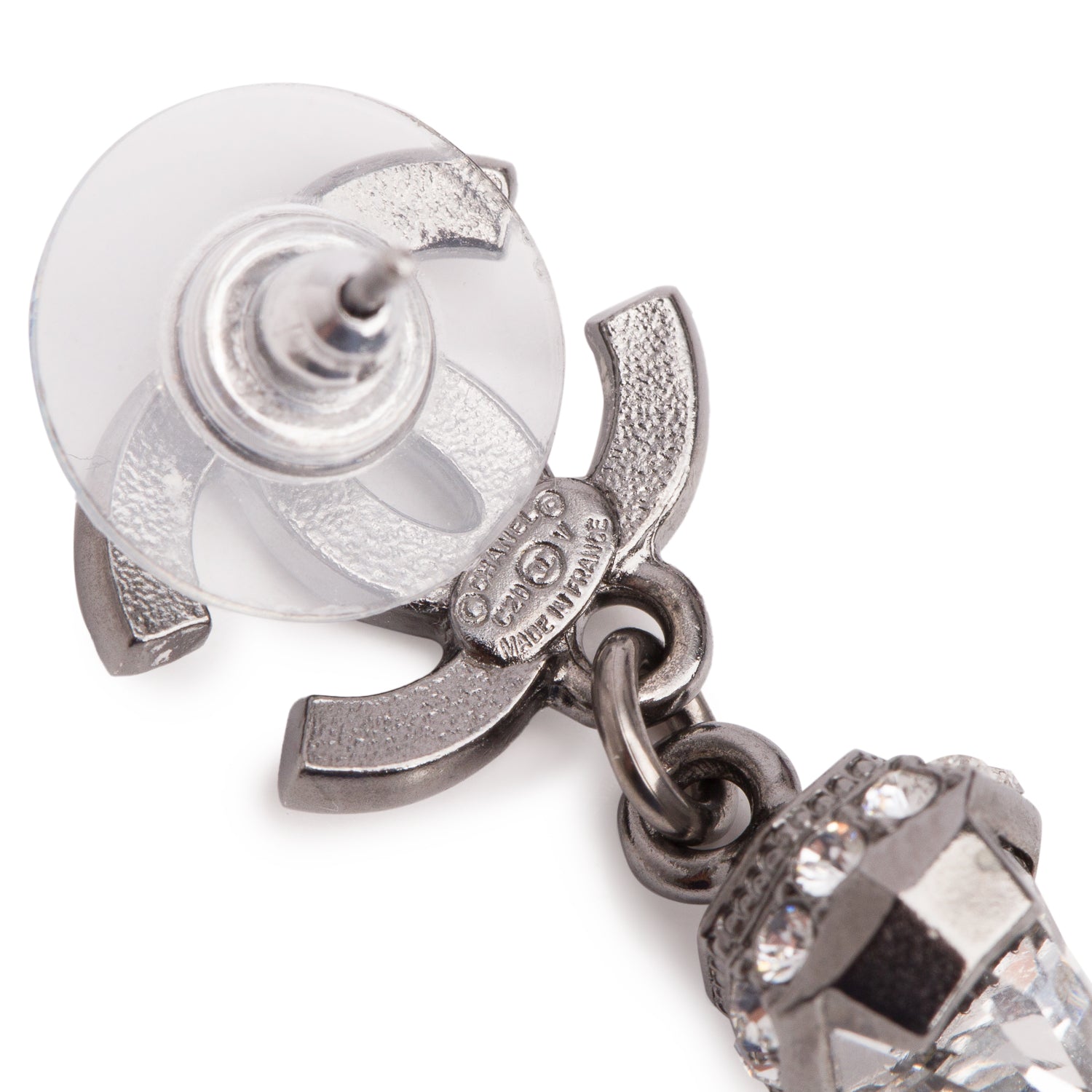 Chanel Ruthenium Plated Strass CC Drop Earrings w/ Box
