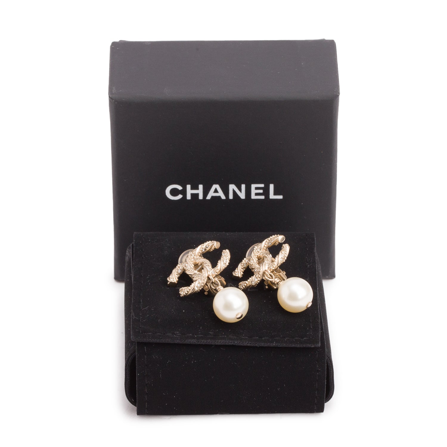 Chanel Gold-Plated Faux Pearl Strass CC Drop Earrings w/ Box