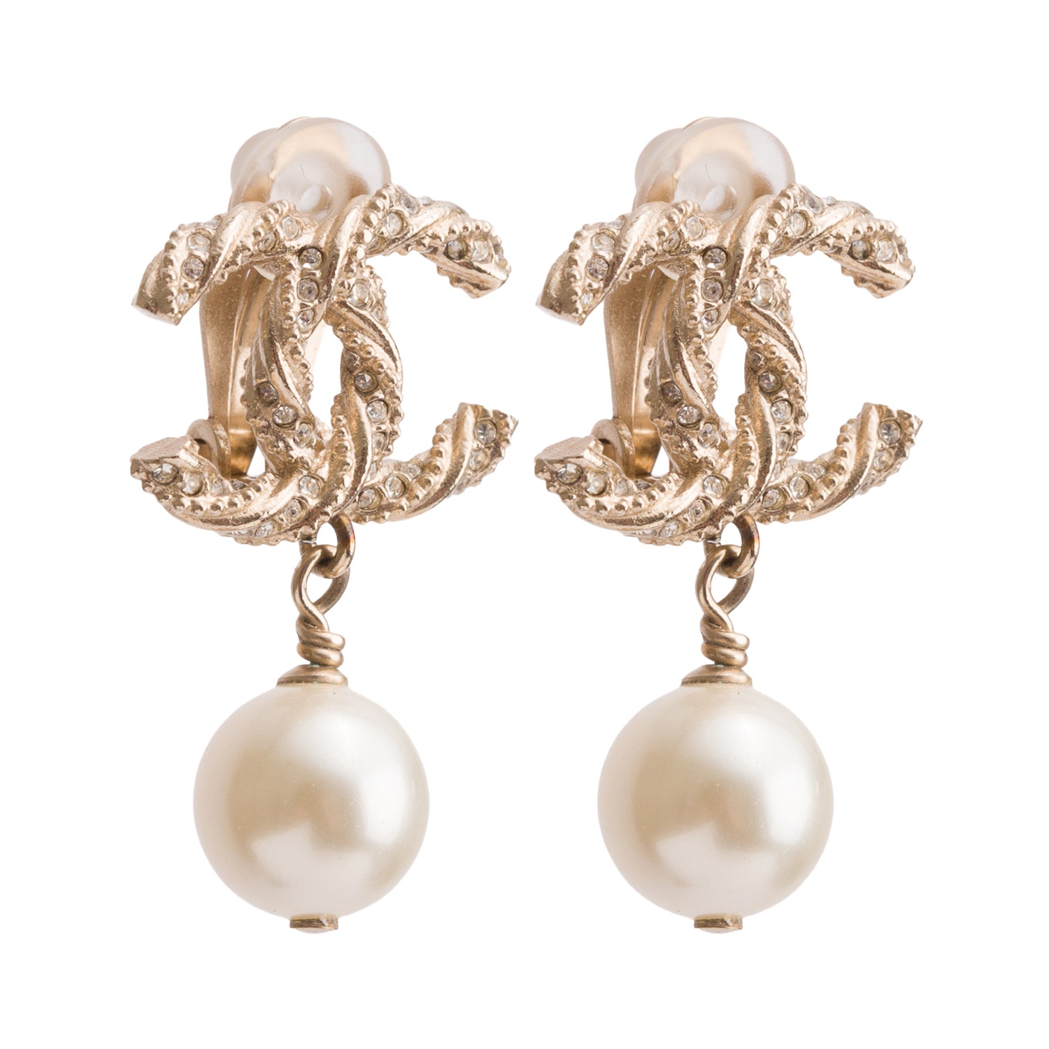Chanel Gold-Plated Faux Pearl Strass CC Drop Earrings w/ Box