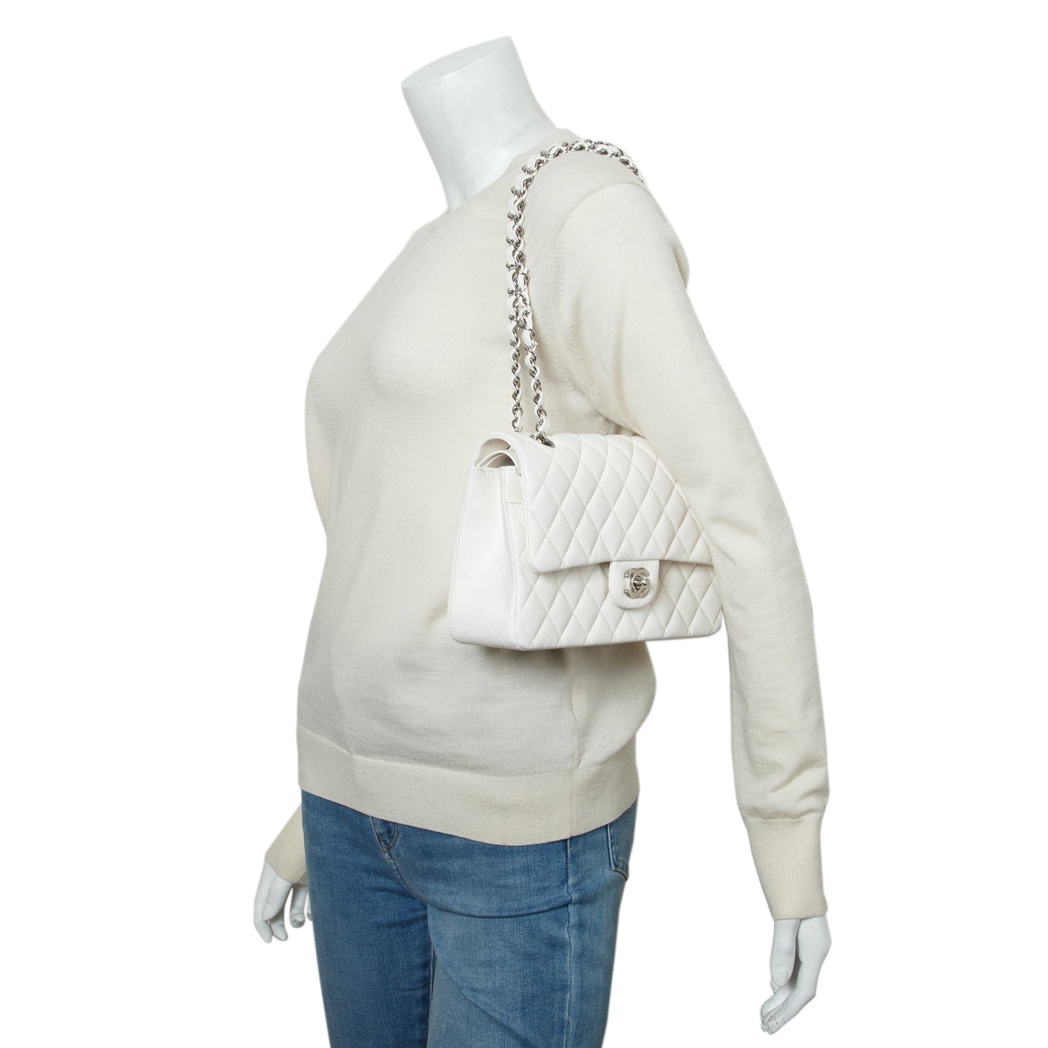 Chanel White Caviar Quilted Medium Double Flap w/ Box