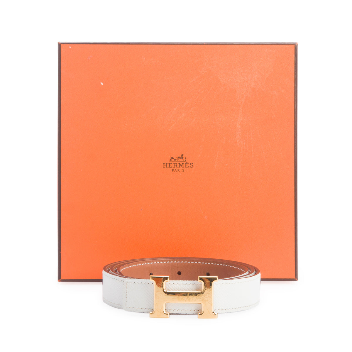 Hermes 2023 Blanc/Gold Swift & Epsom Leather Reversible 24 MM Gold Plated Mini H Belt Kit w/ Box