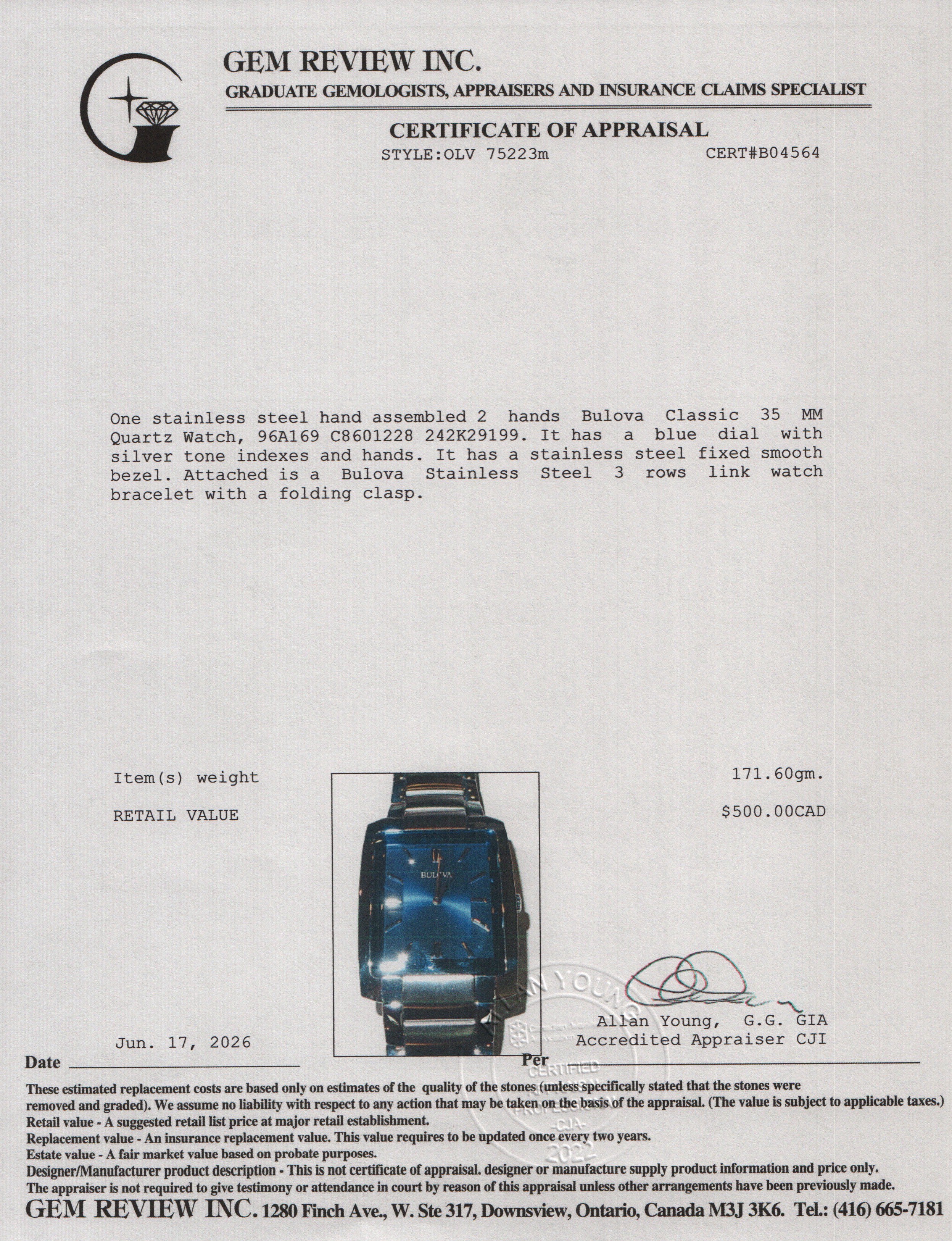 Bulova Stainless Steel Classic 35 MM Quartz Watch Blue Dial 96A169 w/ Box