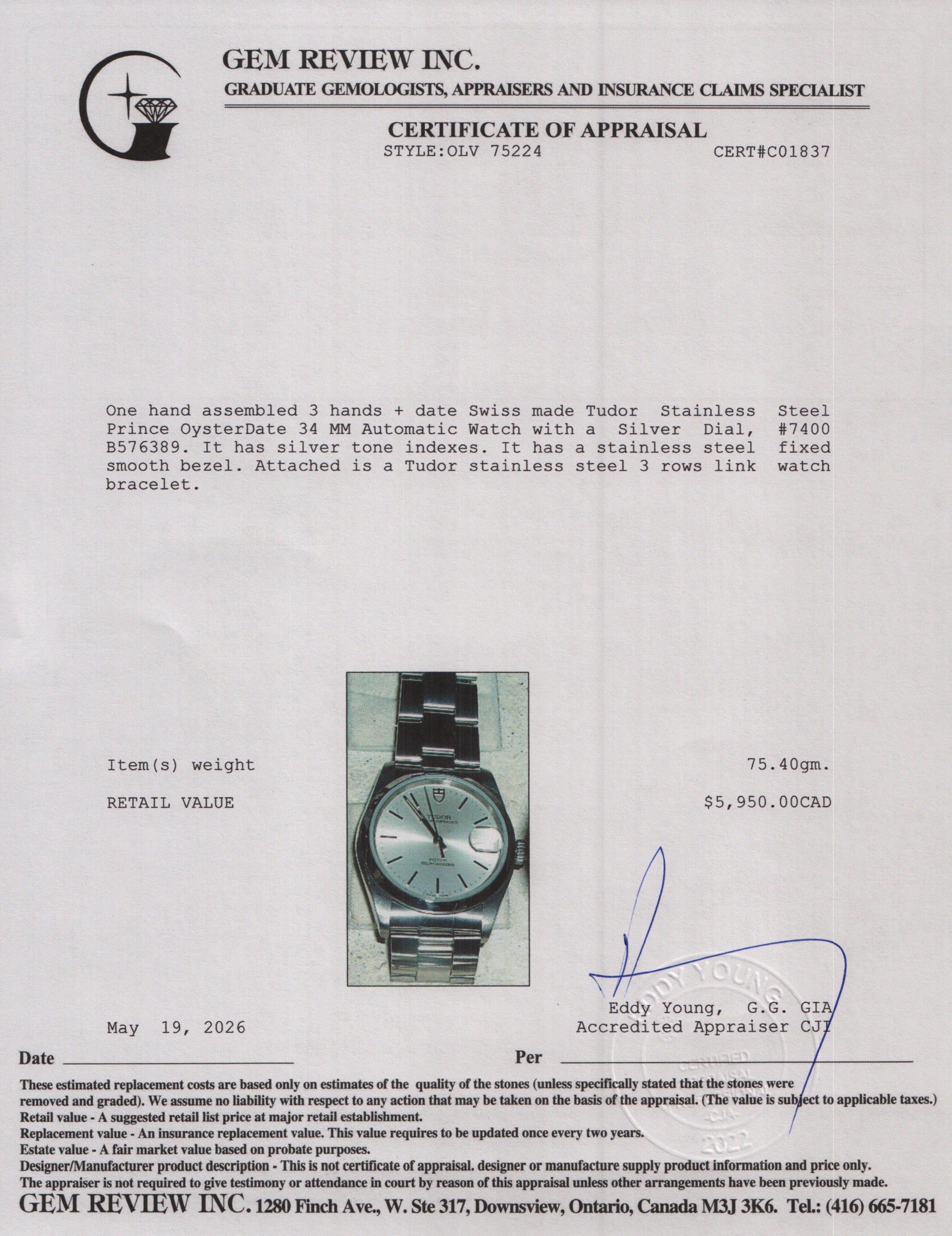 Tudor Stainless Steel Prince OysterDate 34 MM Automatic Watch Silver Dial 7400 w/ Box & Papers